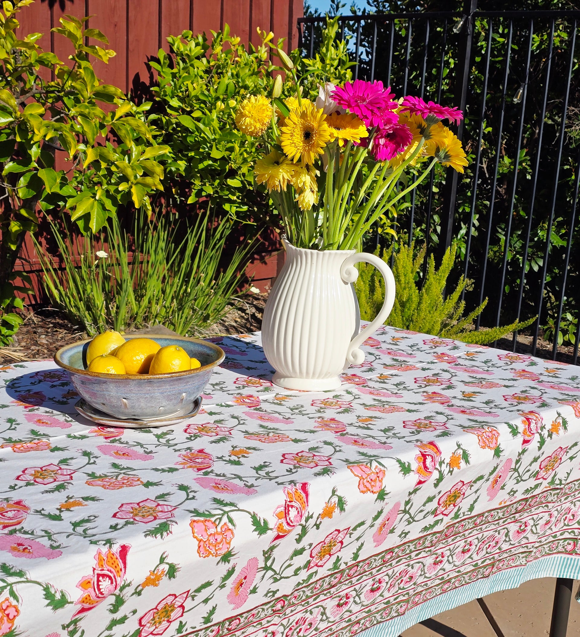 Orange Flower Block Printed Table Cloth