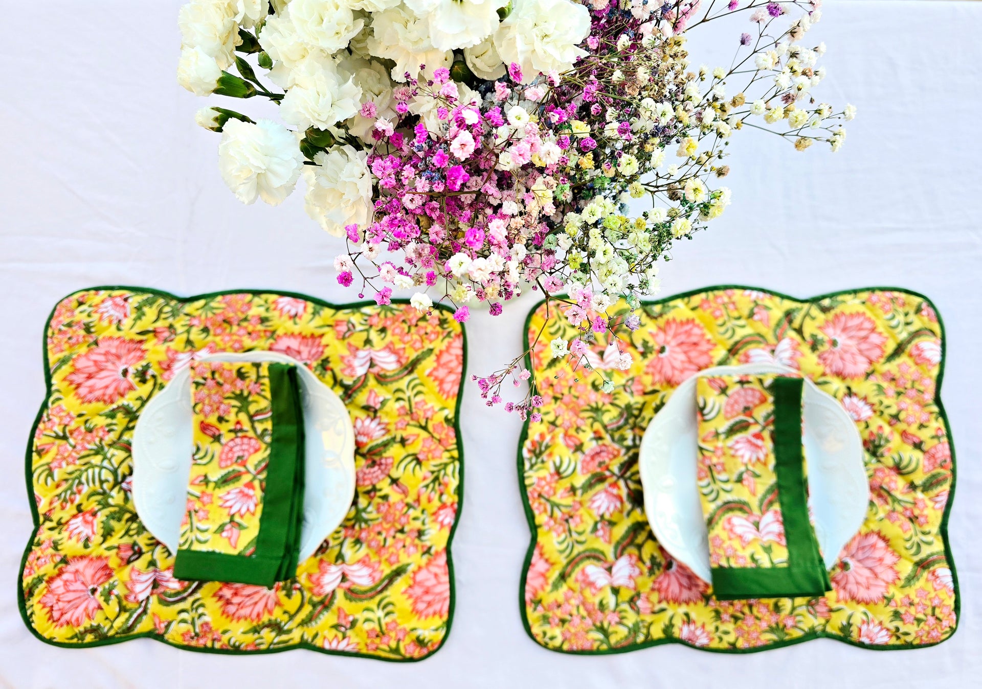 Yellow Floral Block Print Cotton Quilted Placemat with Scalloped Sides