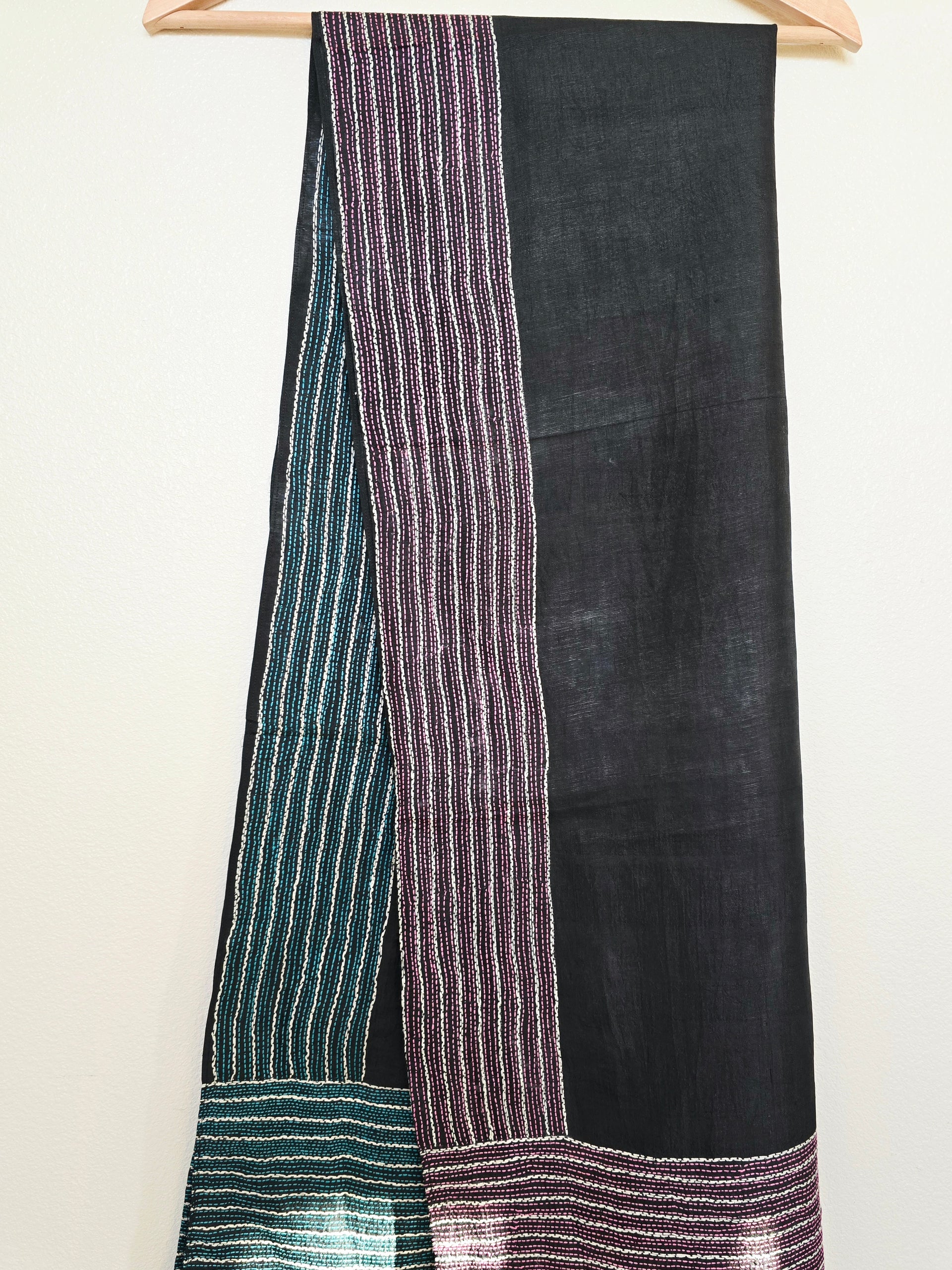 Hand Embroidered Kantha Silk Scarf - Pink Green Border