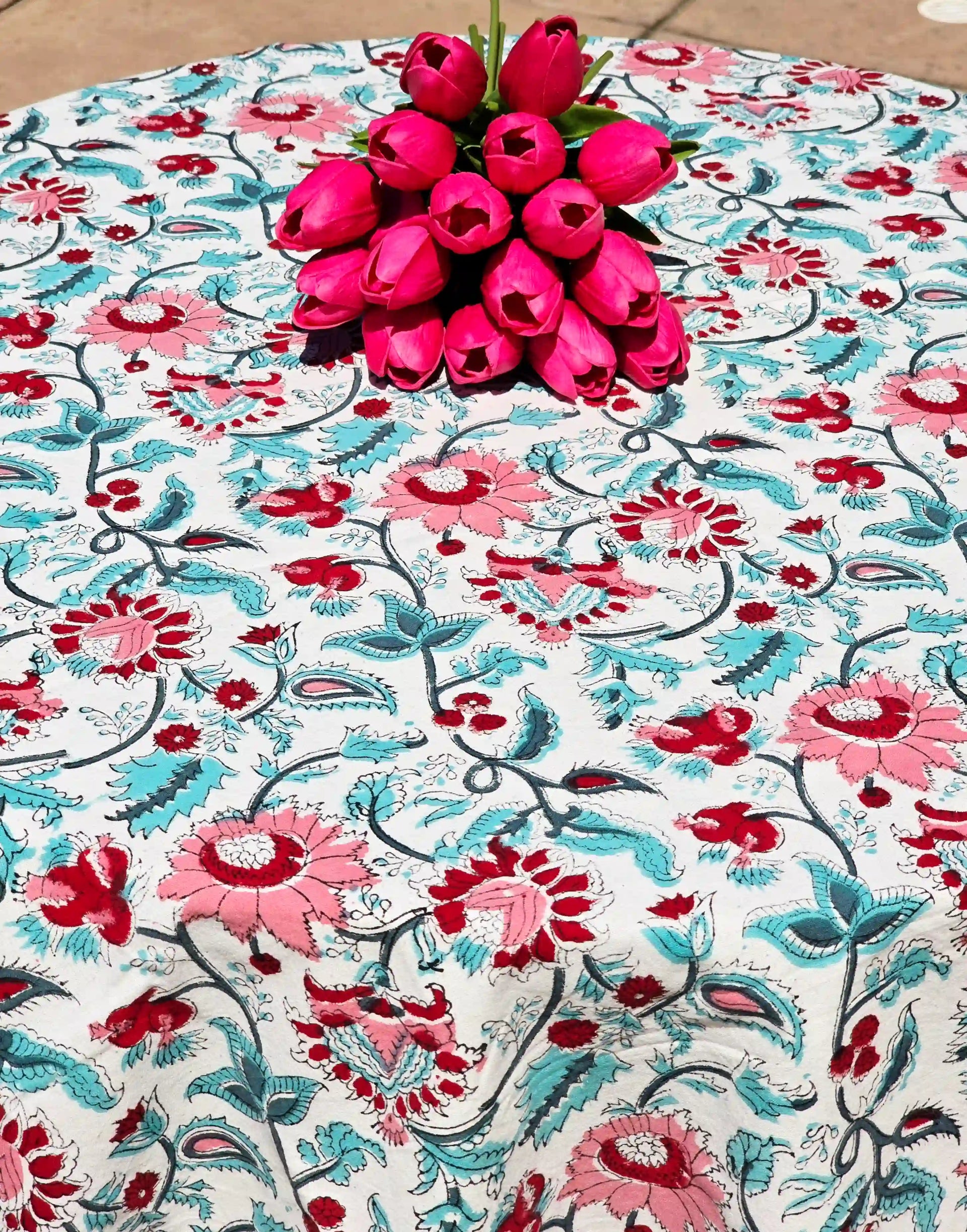 Round Block Print Cotton Tablecloth – White Green Floral Handmade