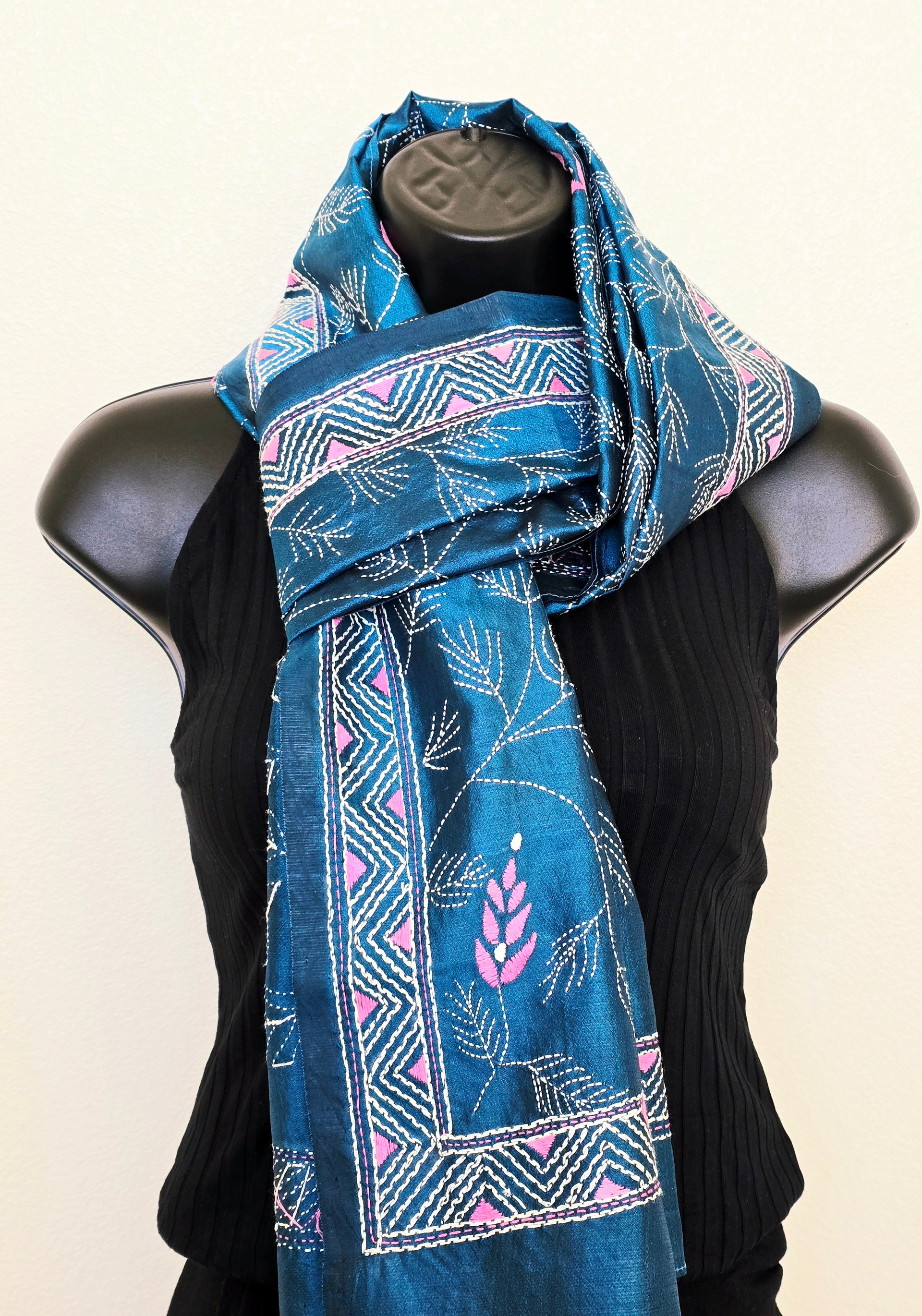 Hand Embroidered Kantha Silk Scarf - Blue Floral Heritage Design