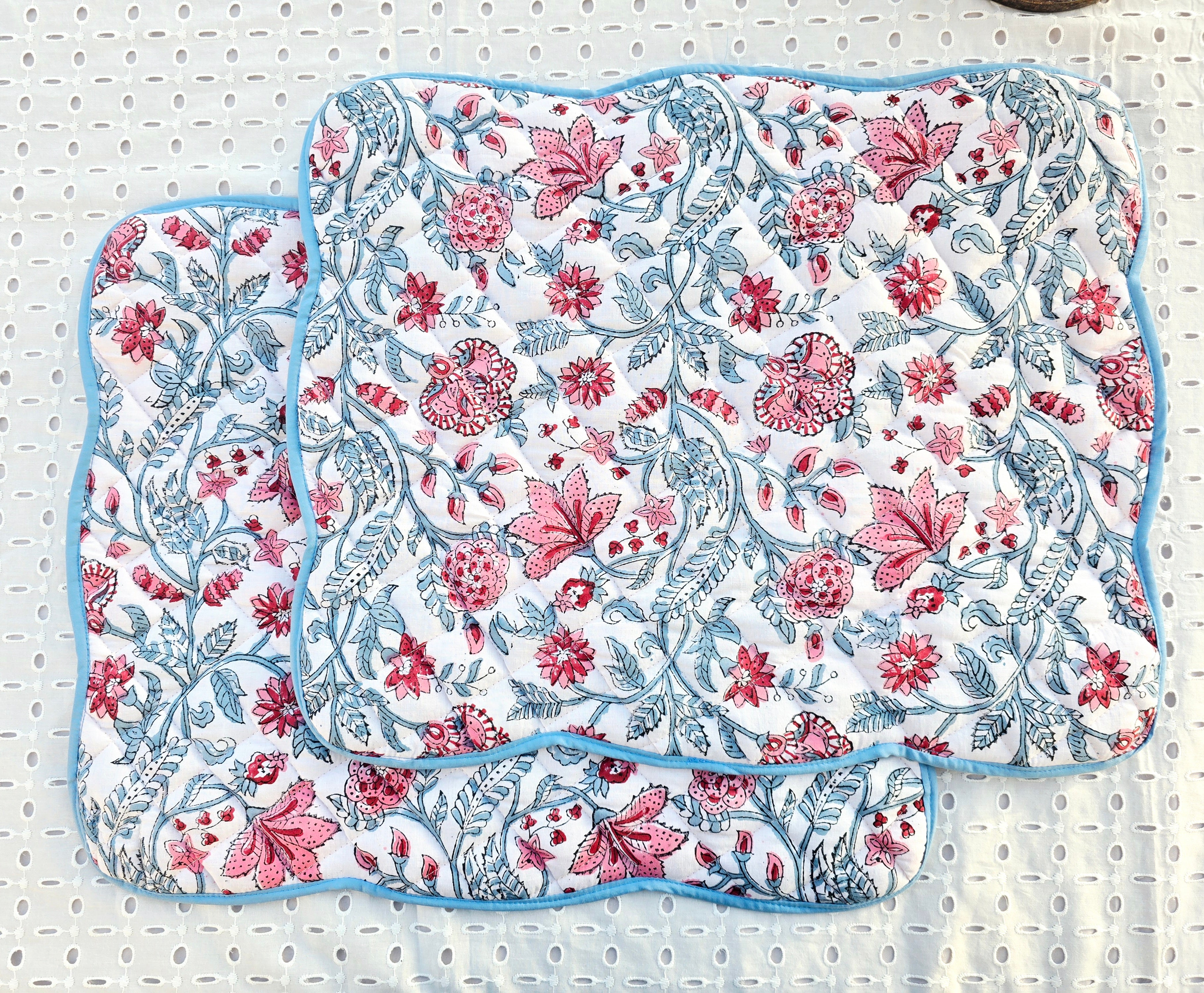 White Floral Cotton Handmade Quilted Placemat with Scalloped Sides - Ohana Earth