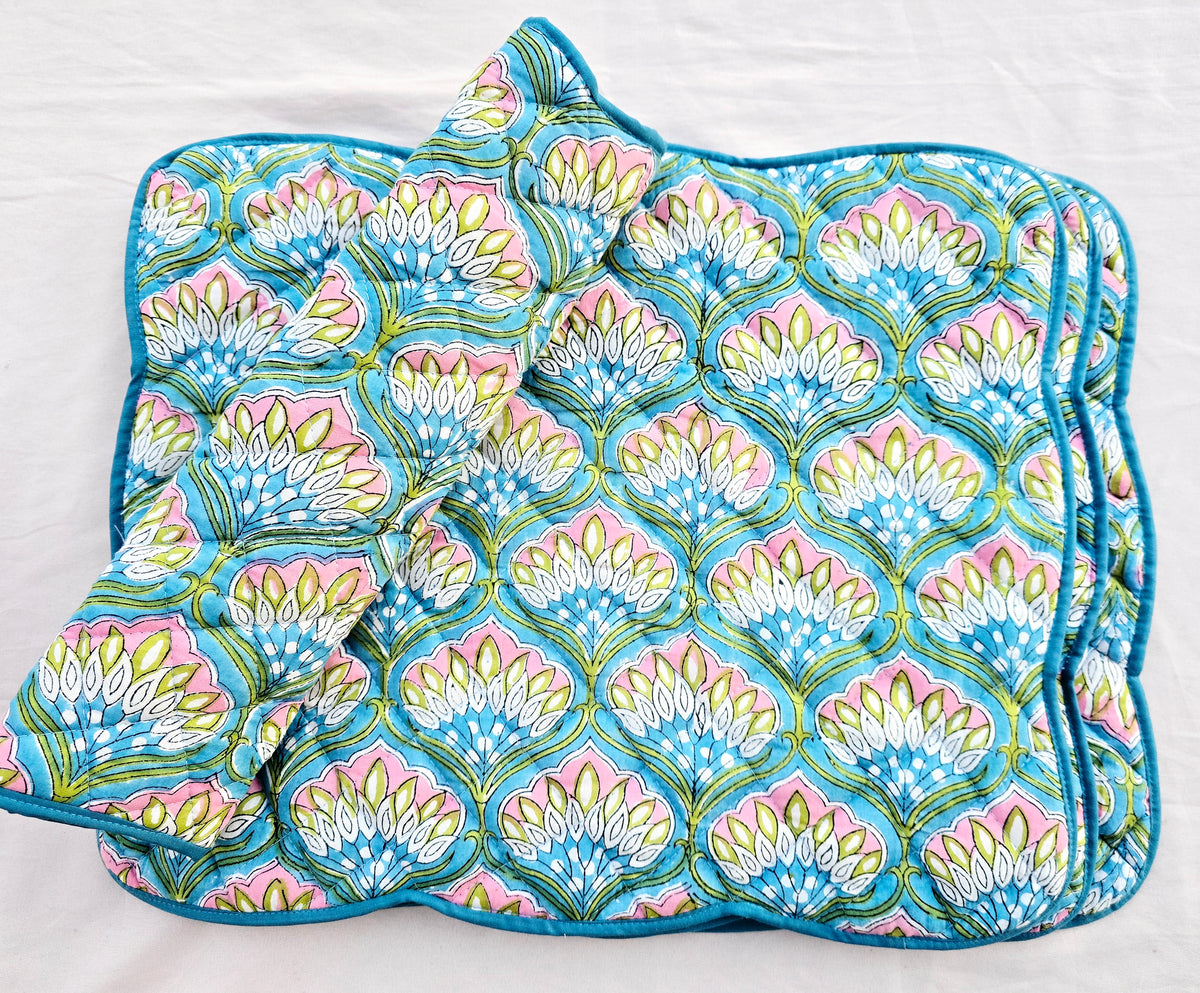 Hand quilted floral cotton placemat with soft stitched texture
