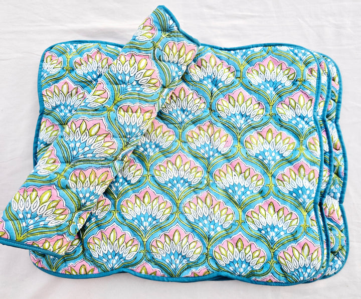 Hand quilted floral cotton placemat with soft stitched texture