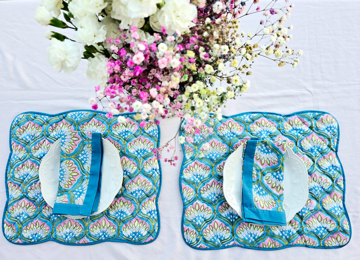 Floral block print cotton quilted placemat with scalloped edges for elegant dining