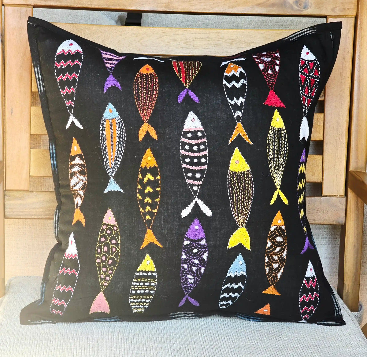 Handmade kantha fish cushion cover, hand-embroidered cotton, Black