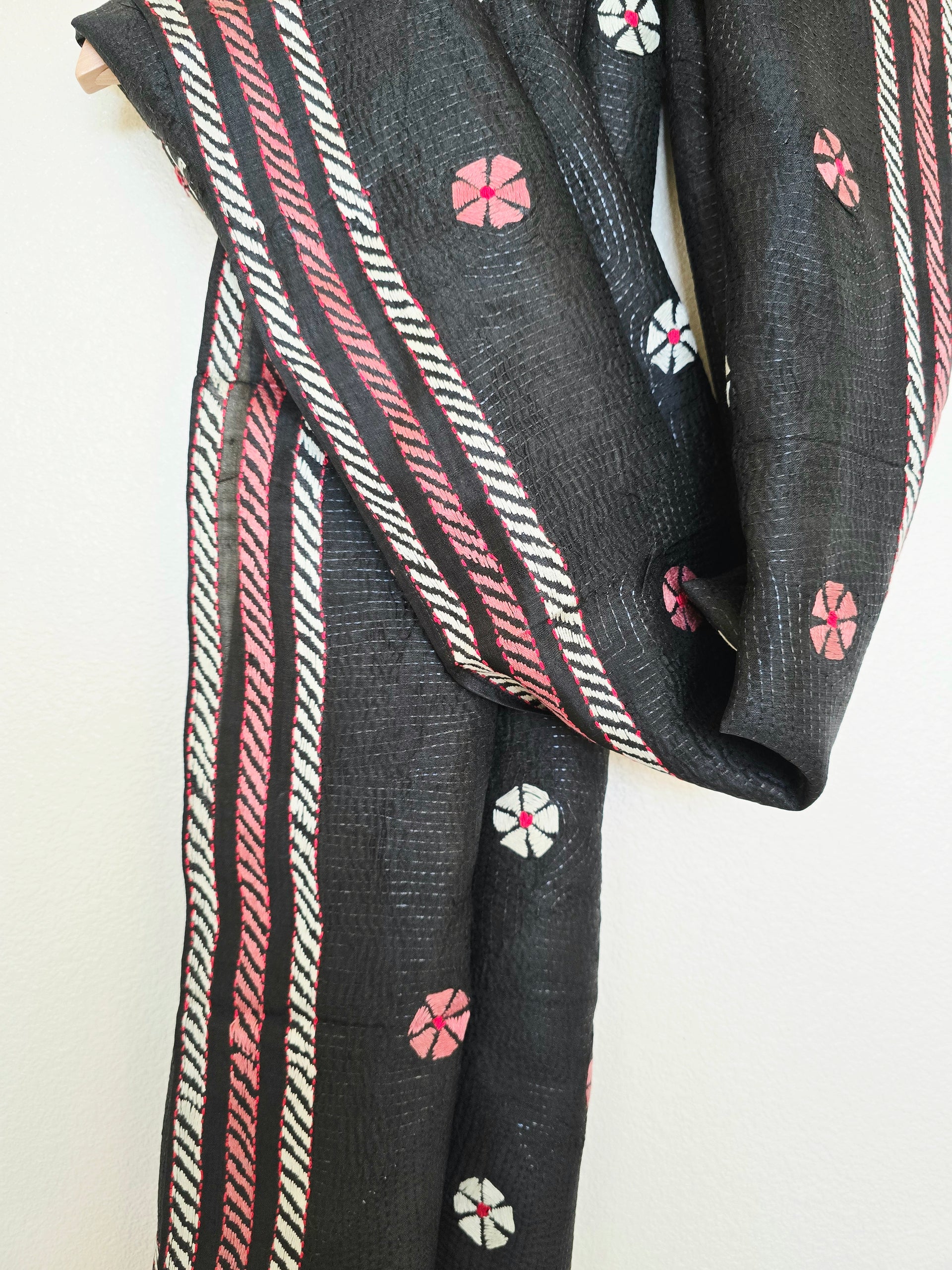 Hand Embroidered Kantha Silk Scarf - Black Pink Floral Design