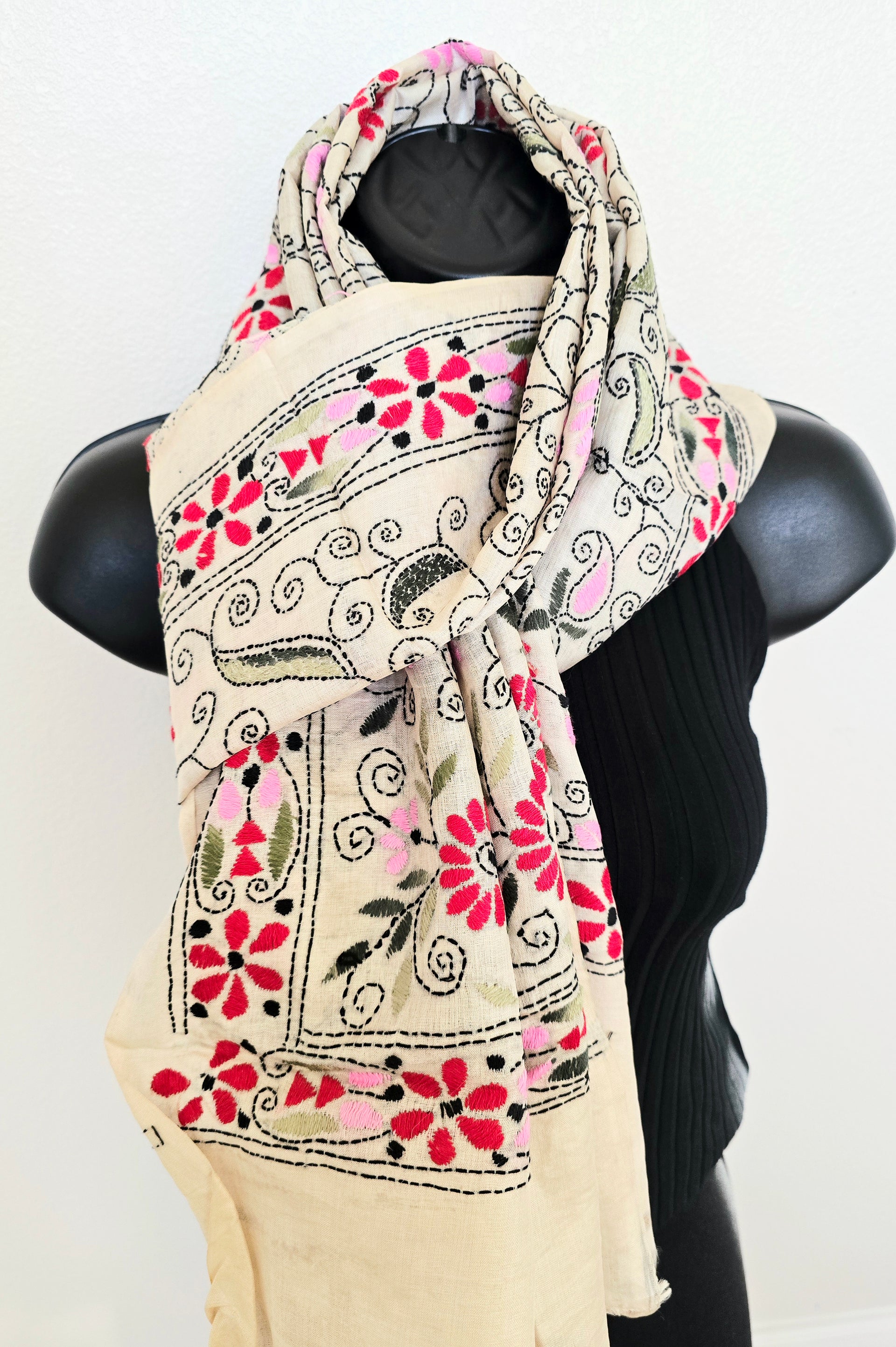 Hand Embroidered Kantha Silk Scarf - Beige and Green Floral Heritage Design