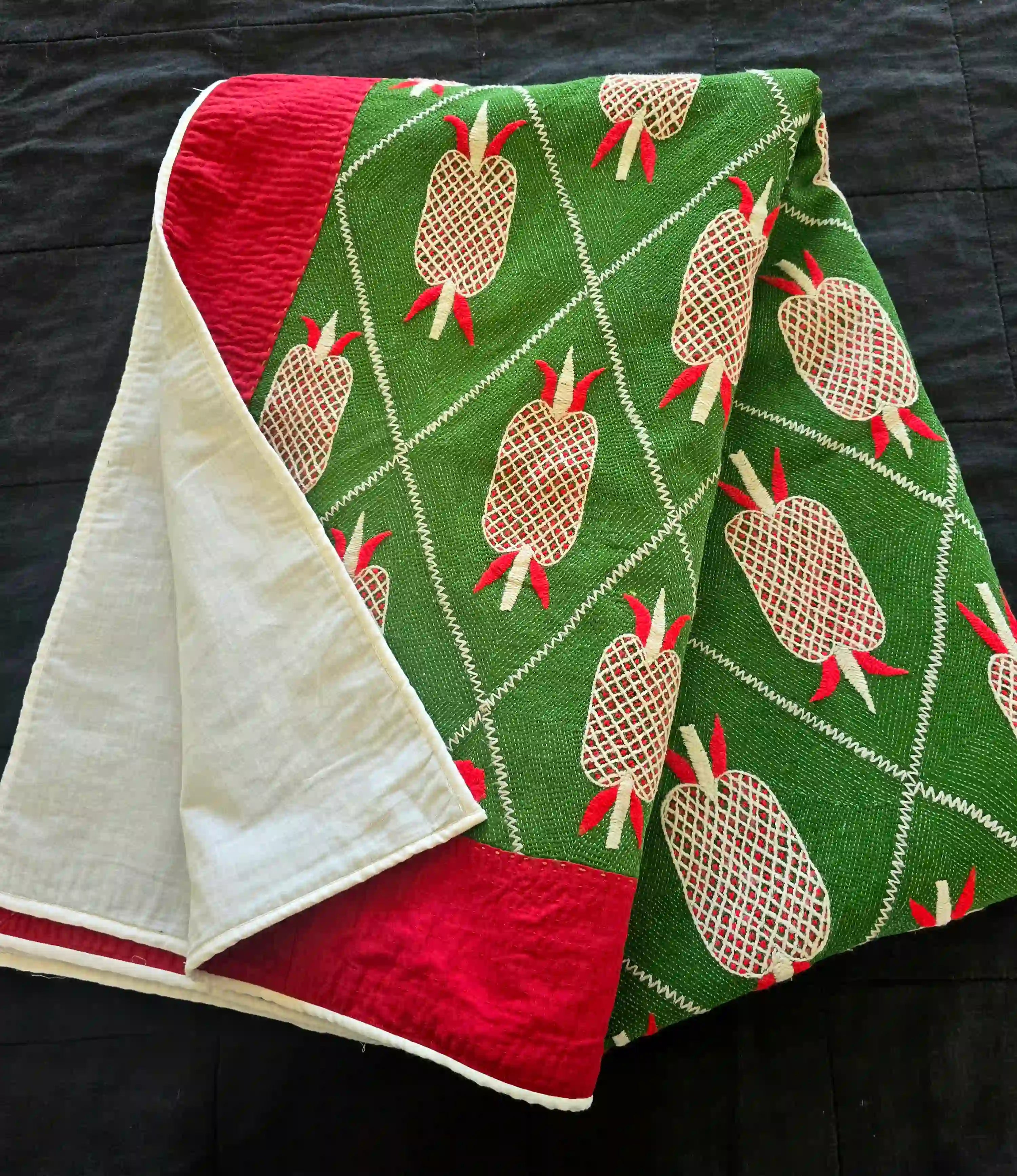 Pineapple Kantha Quilt – Hand Embroidered Cotton Quilt - Ohana Earth