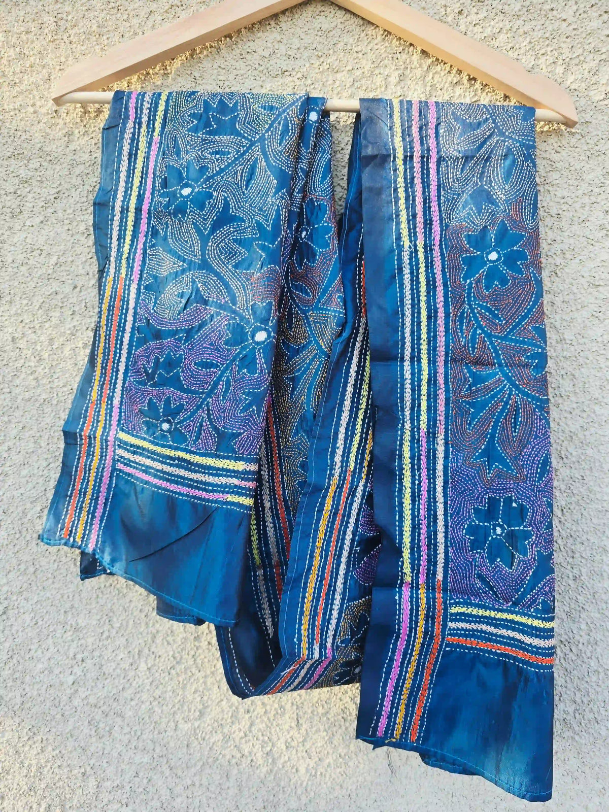 Hand embroidered Blue Kantha Silk Scarf - Ohana Earth