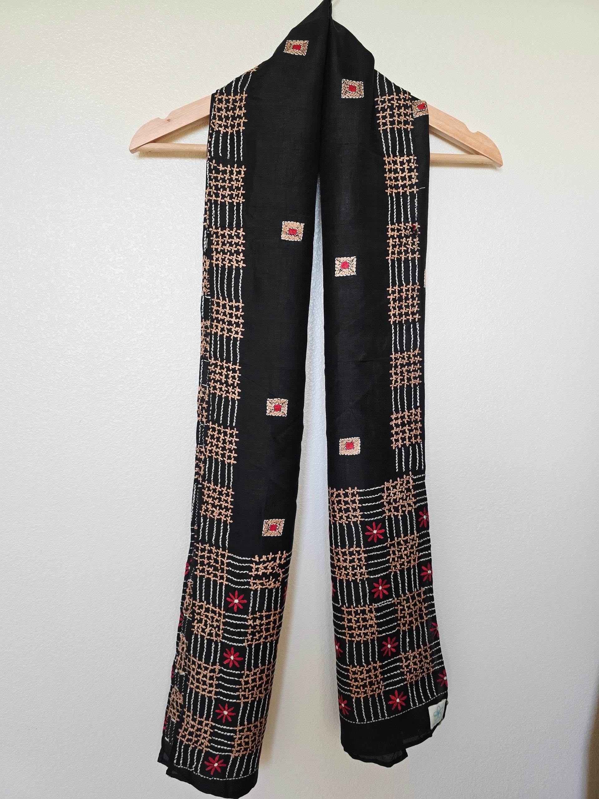 Hand Embroidered Kantha Silk Scarf - Red Geometric Design