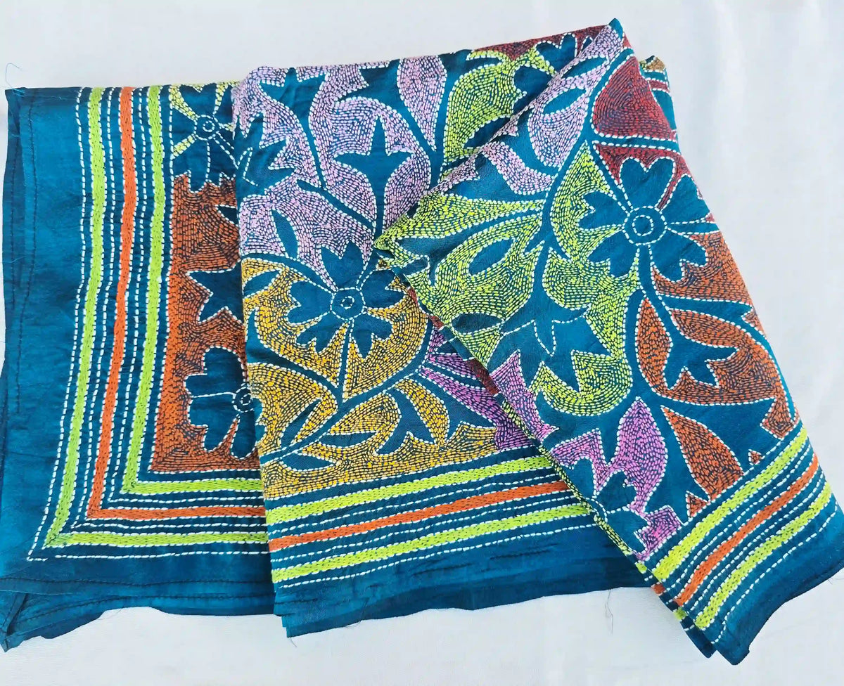 Hand Embroidered Reverse Kantha Silk Scarf - Blue Multicolor - Ohana Earth