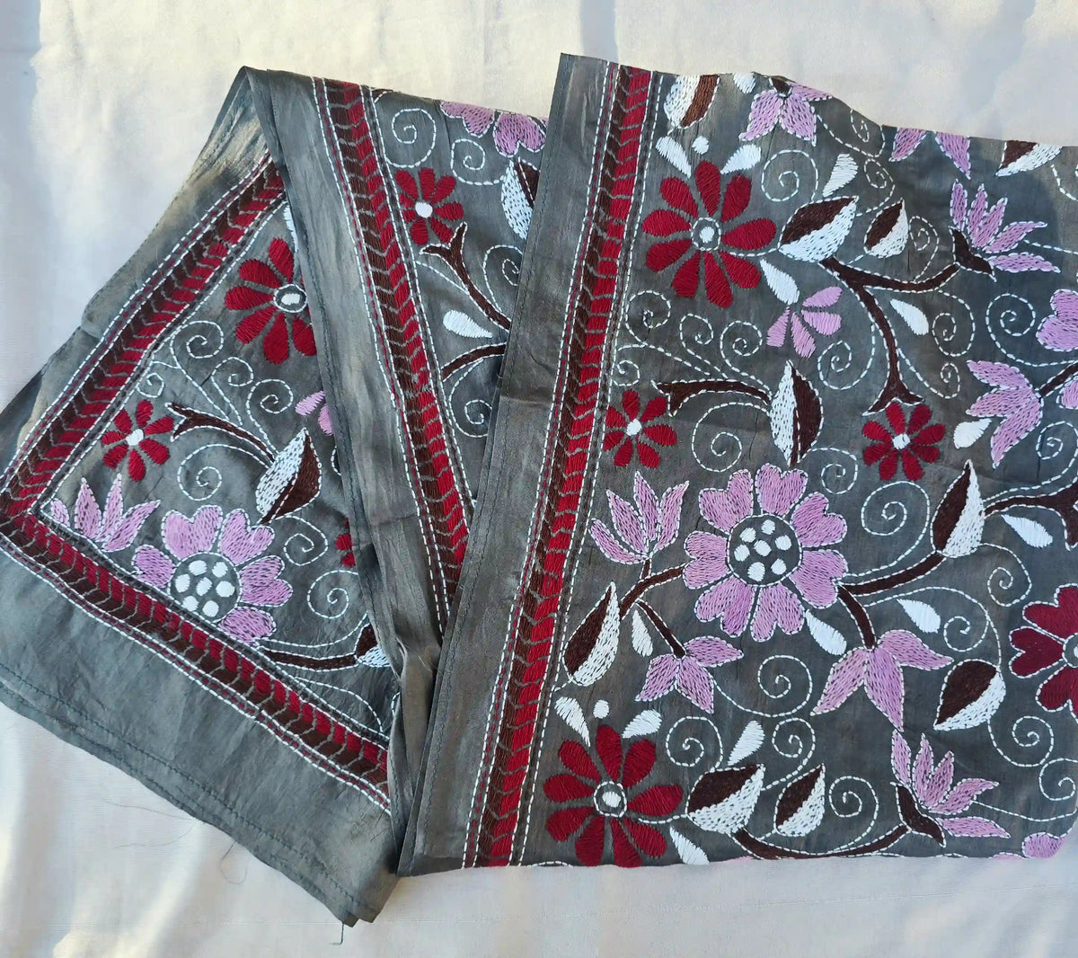 Hand Embroidered Kantha Silk Scarf - Grey Floral Heritage Design - Ohana Earth