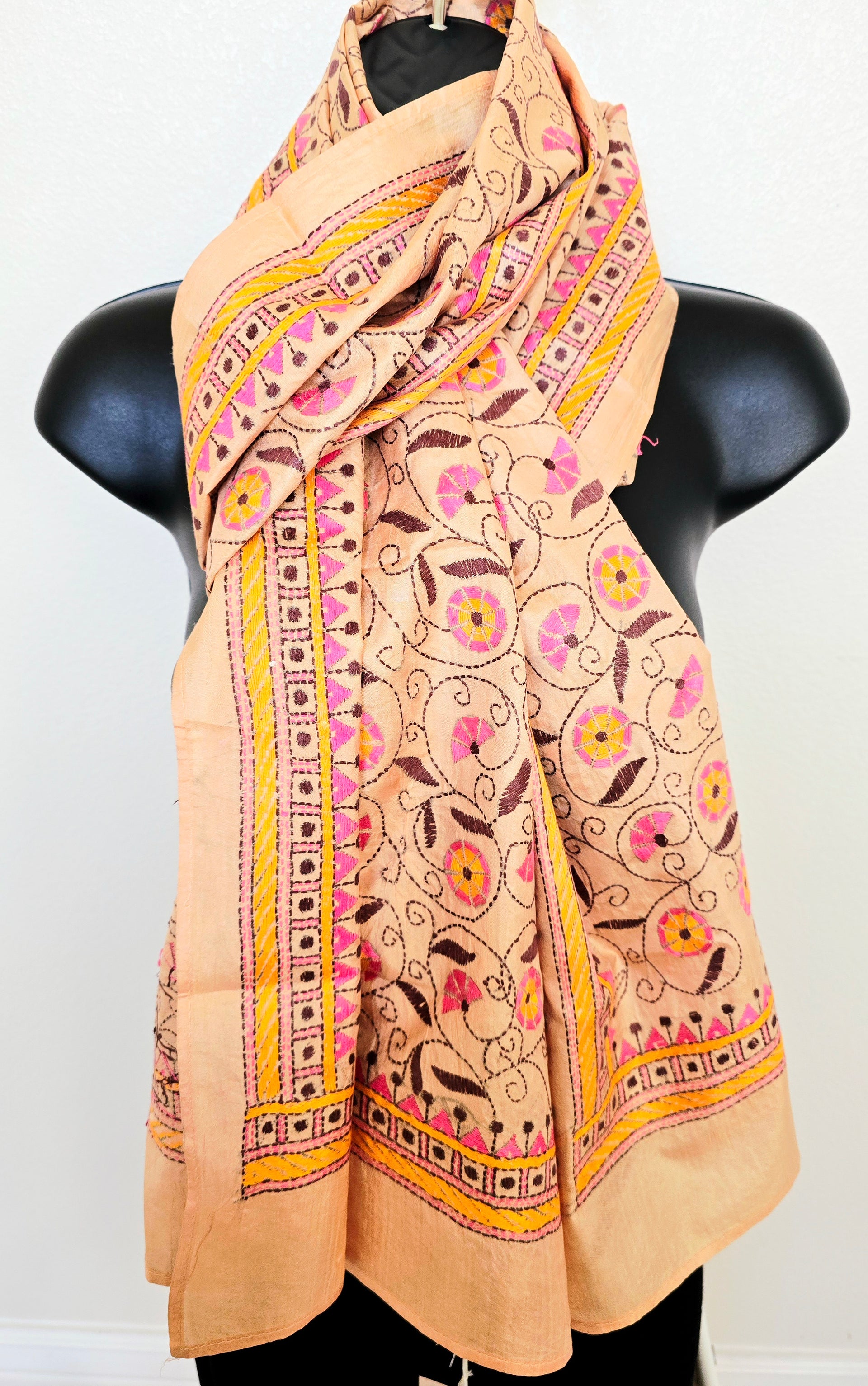 Hand Embroidered Kantha Silk Scarf - Floral Pastel Heritage Design
