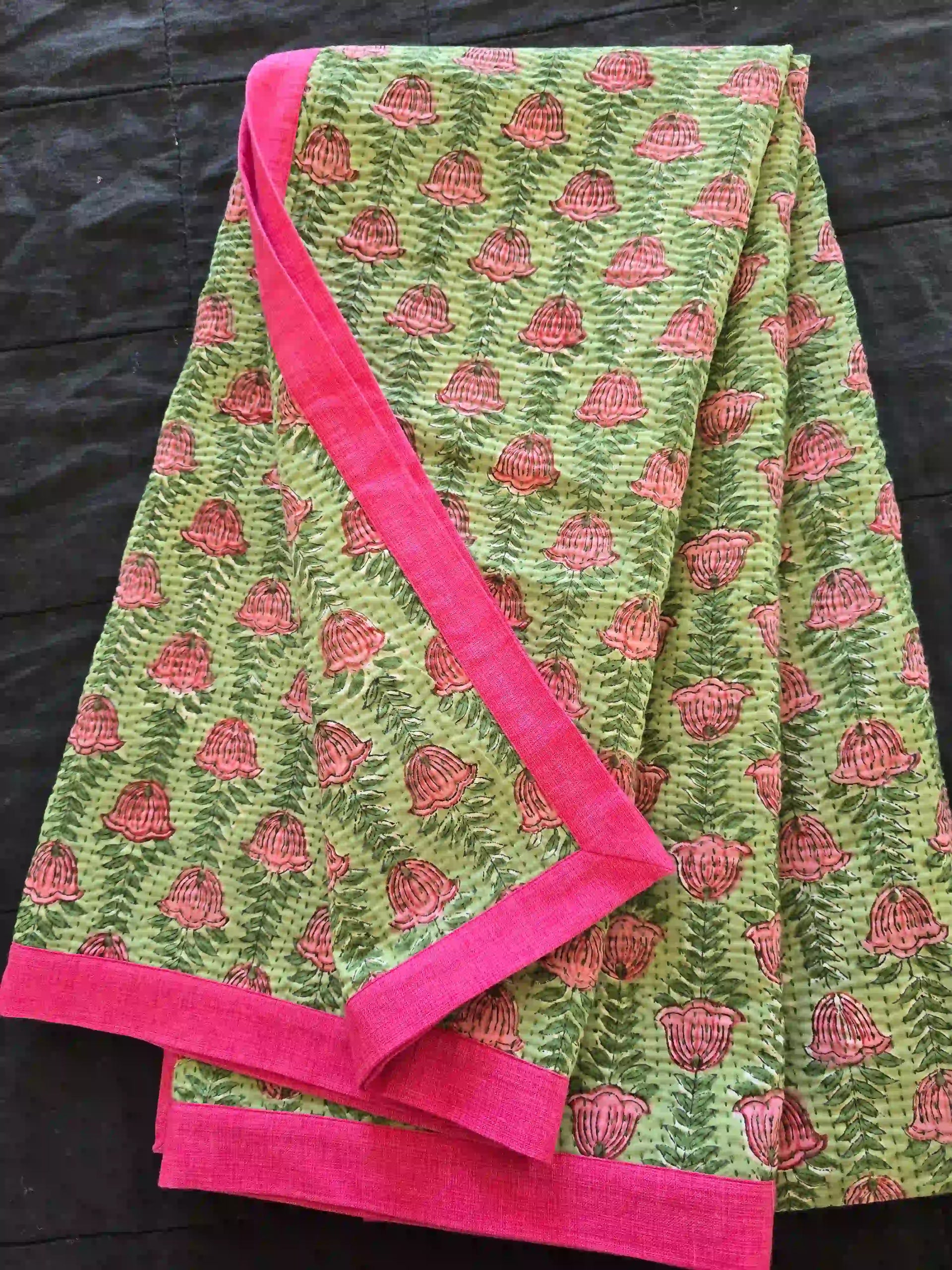 Green Pink Floral Handmade Kantha Throw - Ohana Earth