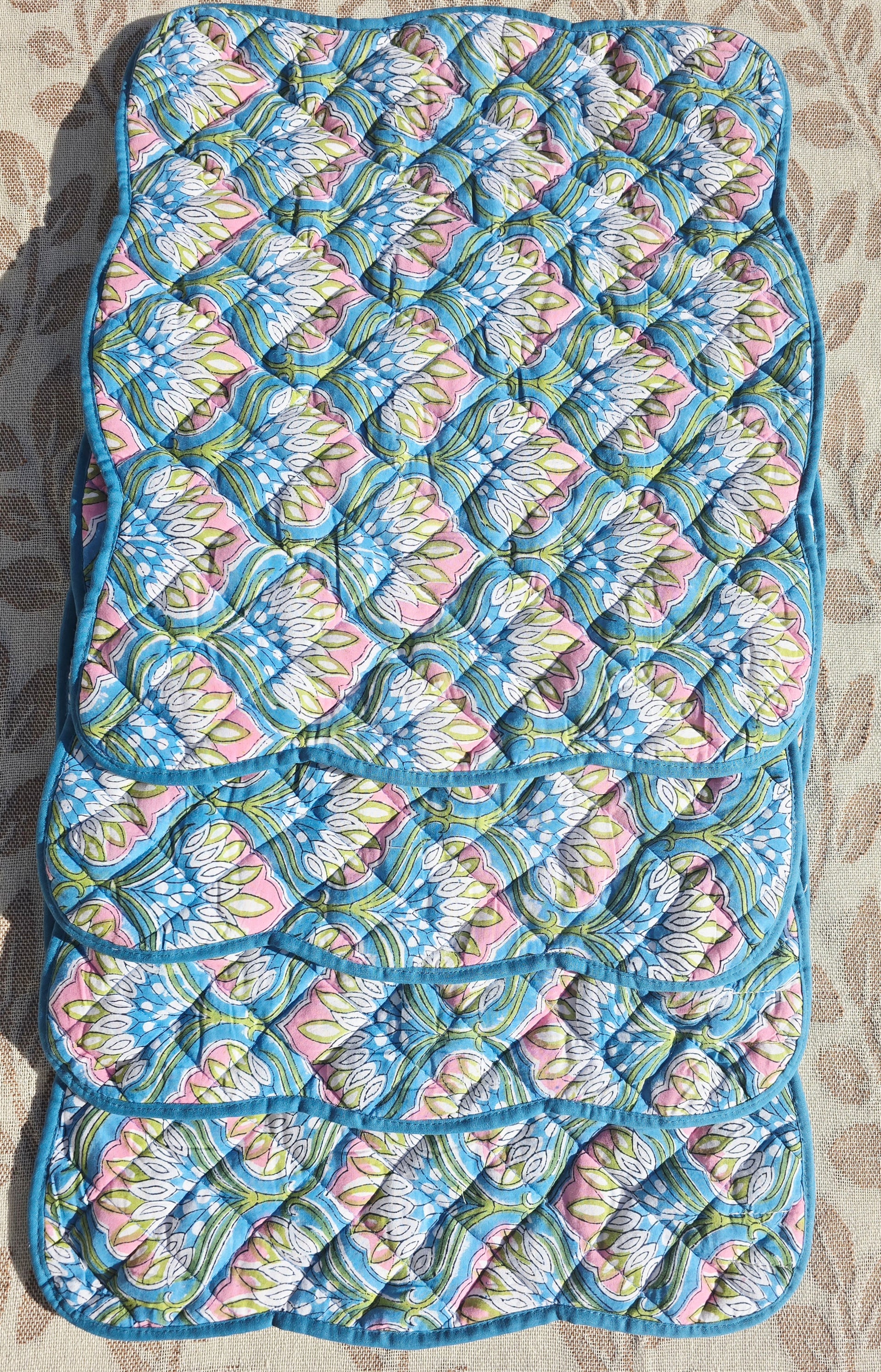 Blue Floral Block Print Cotton Quilted Placemat with Scalloped Sides