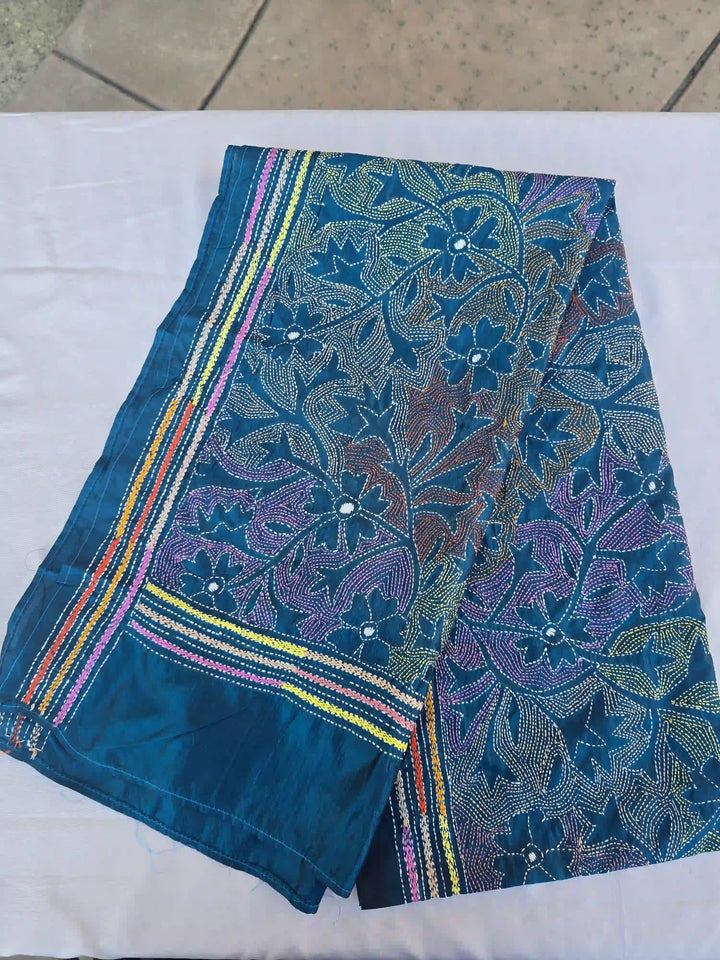 Hand embroidered Blue Kantha Silk Scarf - Ohana Earth