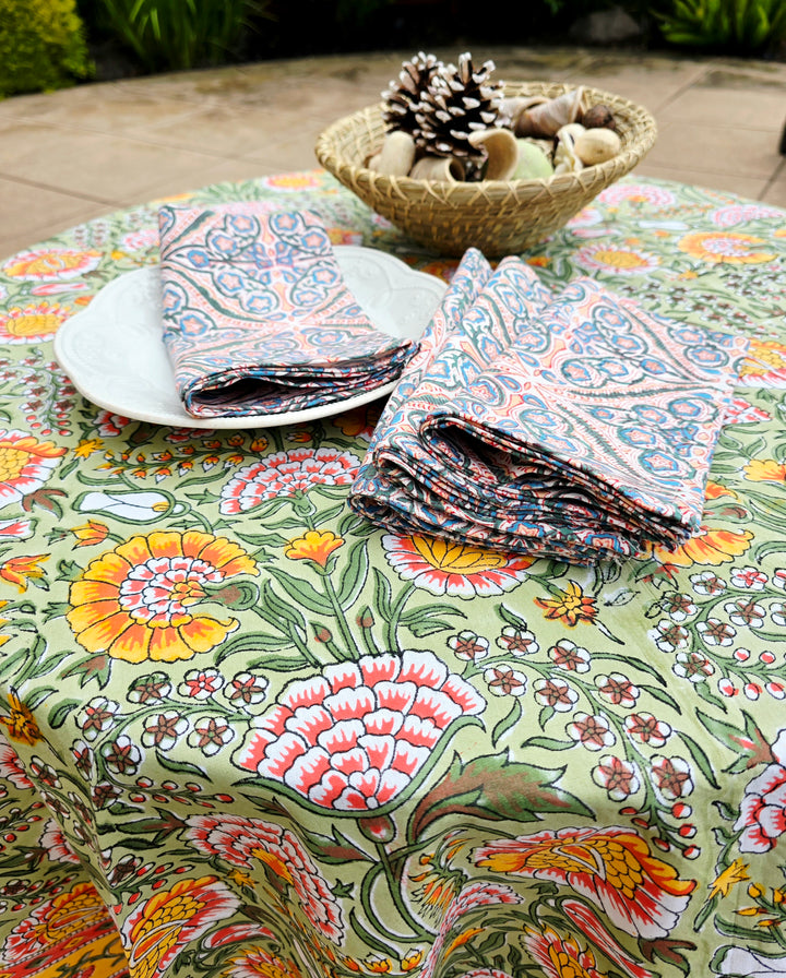 Round Block Print Cotton Table Cloth - Orange Floral Handmade - Ohana Earth