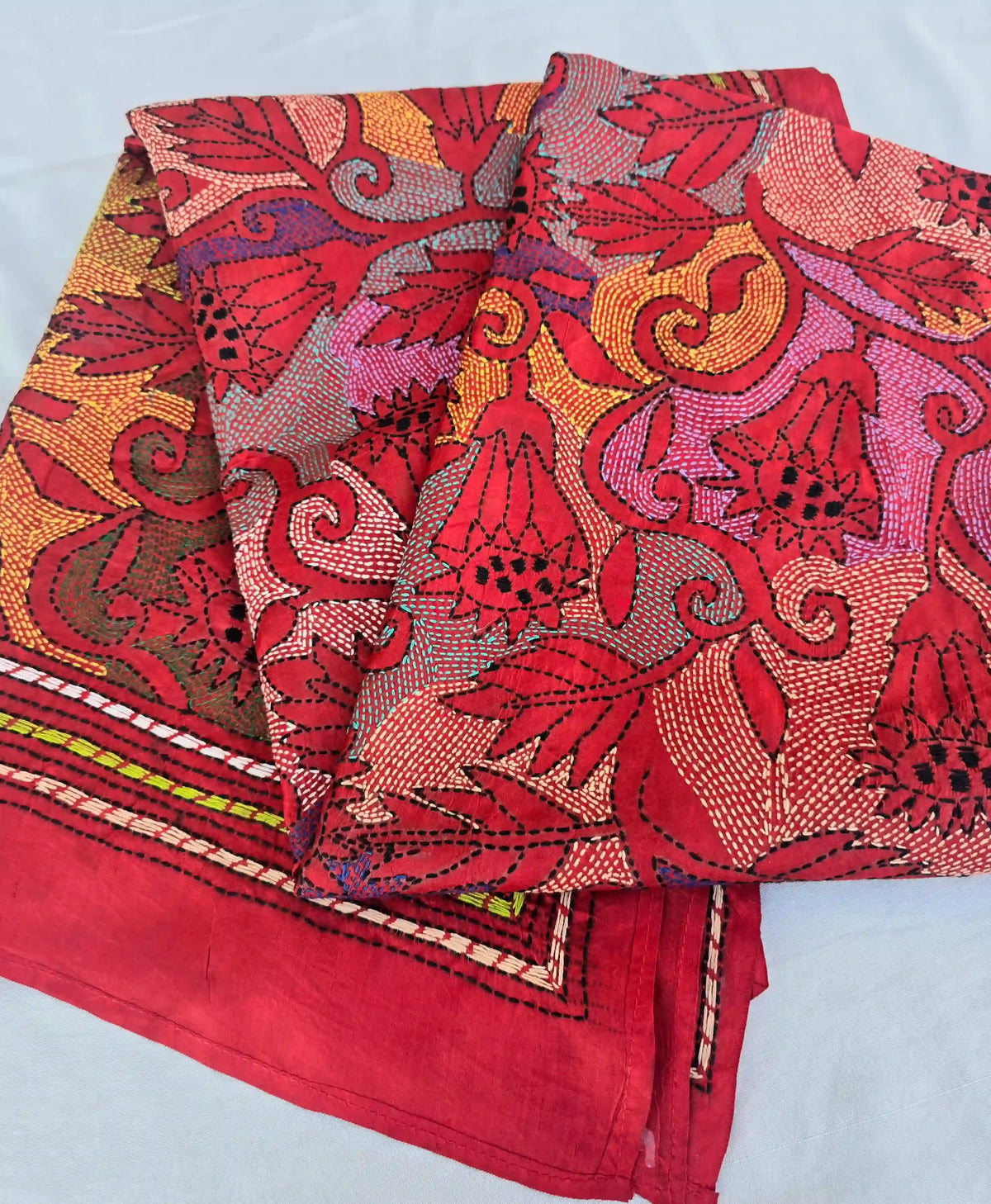 Hand Embroidered Reverse Kantha Silk Scarf - Red - Ohana Earth