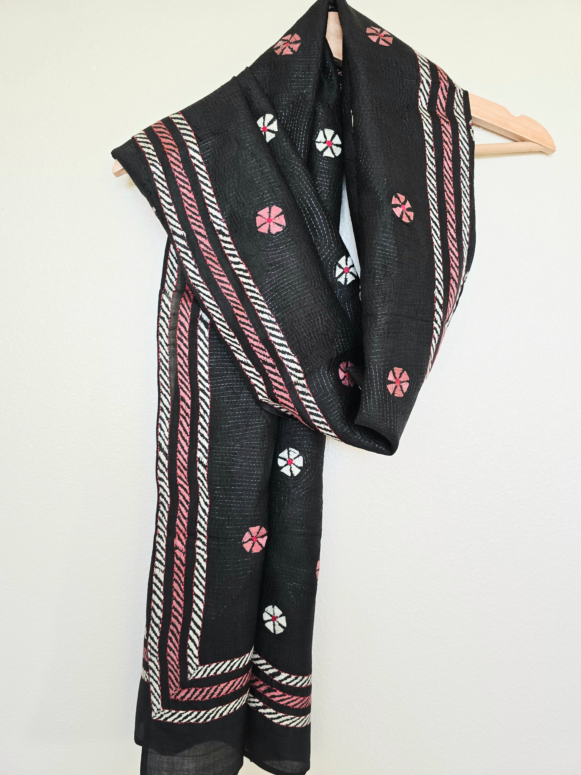 Hand Embroidered Kantha Silk Scarf - Black Pink Floral Design
