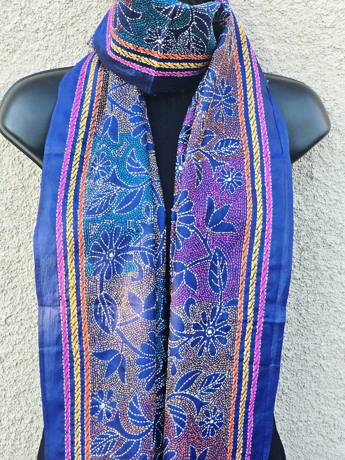 Hand Embroidered Reverse Kantha Silk Scarf - Navy Blue - Ohana Earth