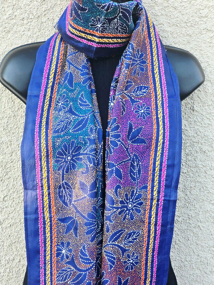 Hand Embroidered Reverse Kantha Silk Scarf - Navy Blue - Ohana Earth