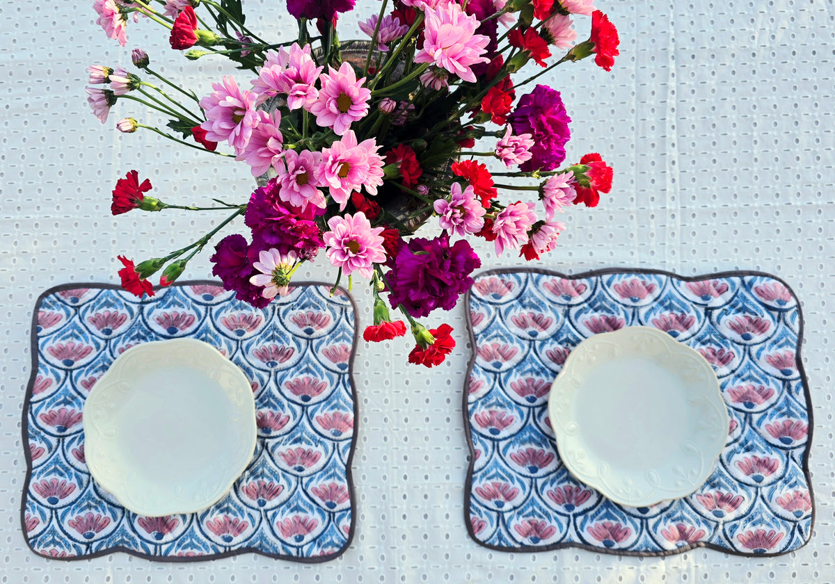 White floral block print cotton quilted placemat with scalloped edges for elegant dining