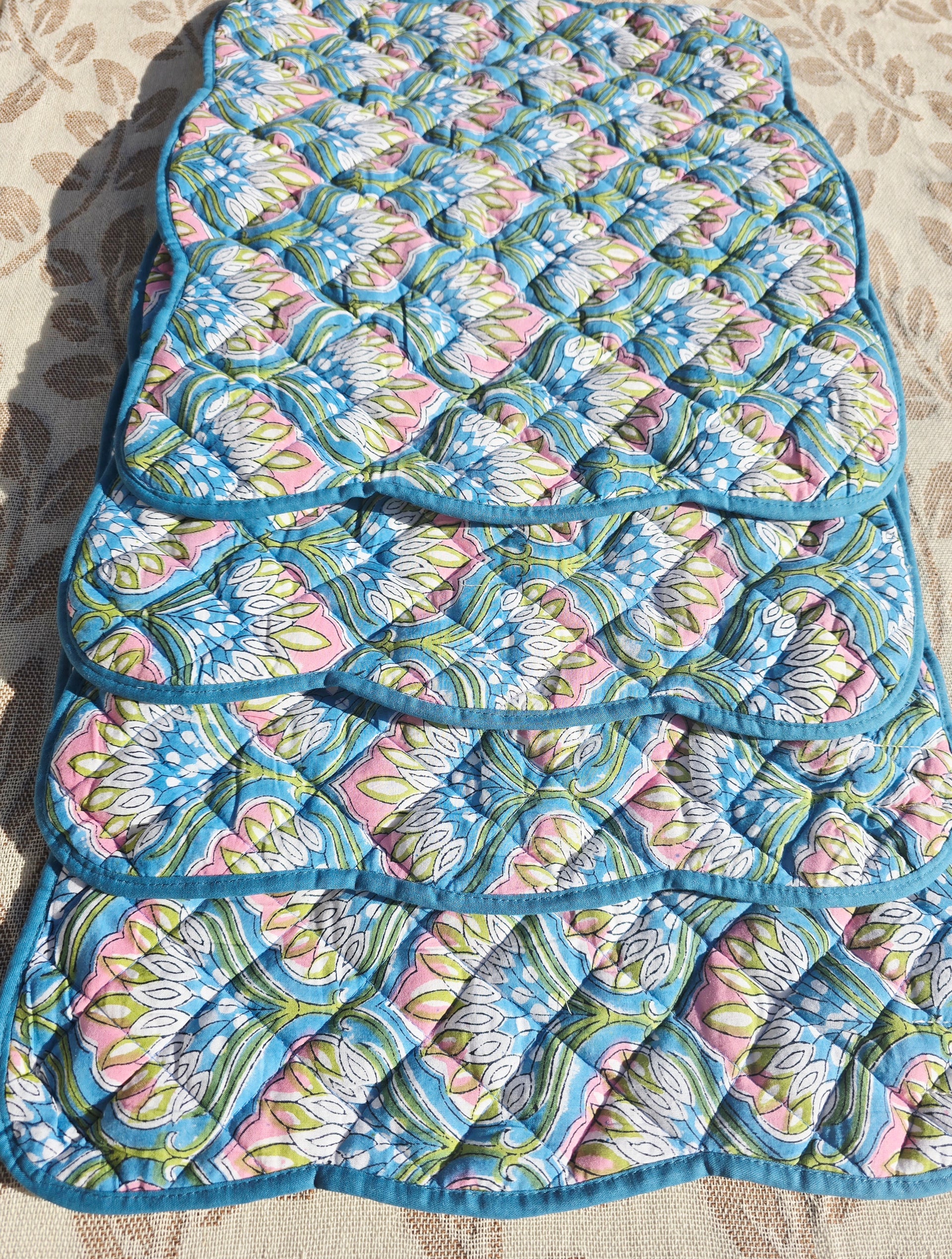 Blue Floral Block Print Cotton Quilted Placemat with Scalloped Sides