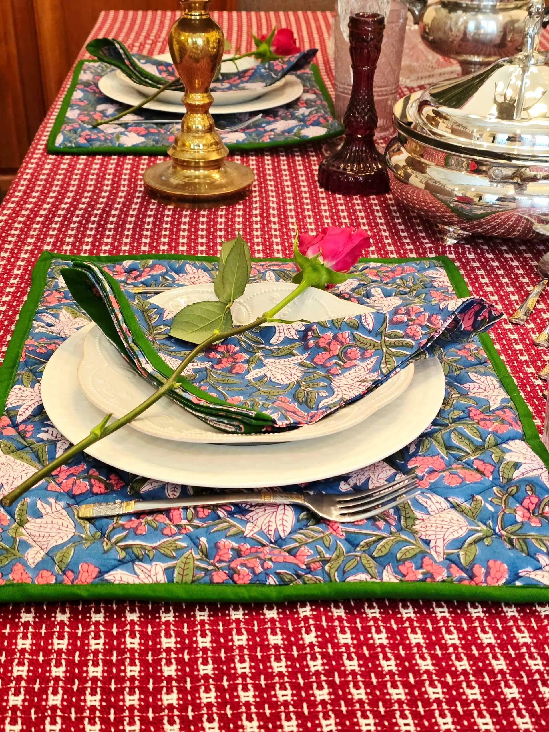 Floral blue cotton quilted placemat handcrafted for elegant everyday dining