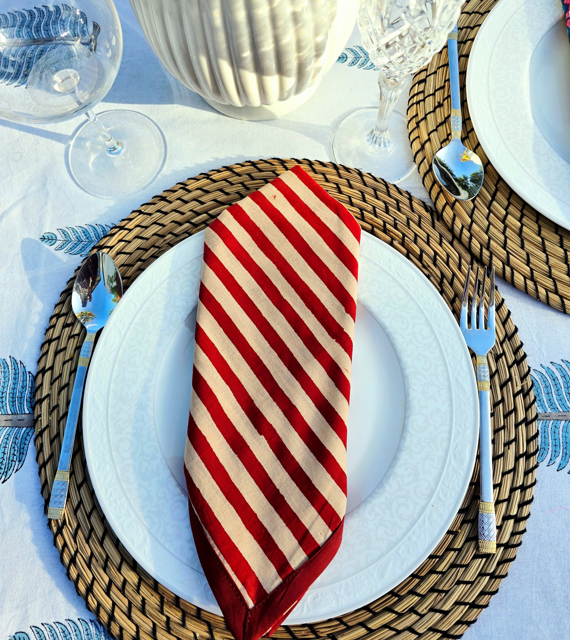 Maroon Stripe Pure Cotton Hand block Printed Napkin