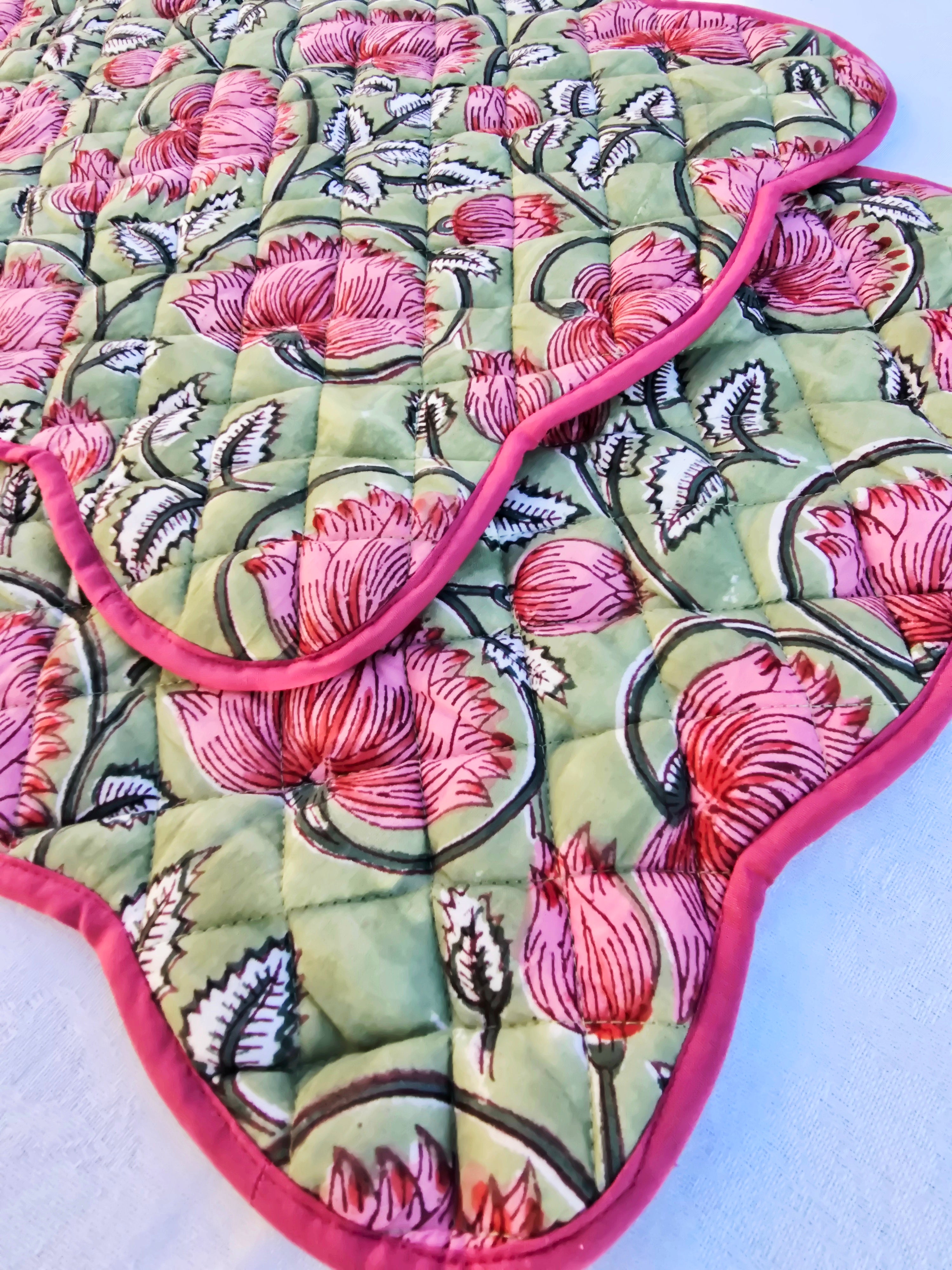 Floral Block Print Cotton Handmade Quilted Placemat - Ohana Earth