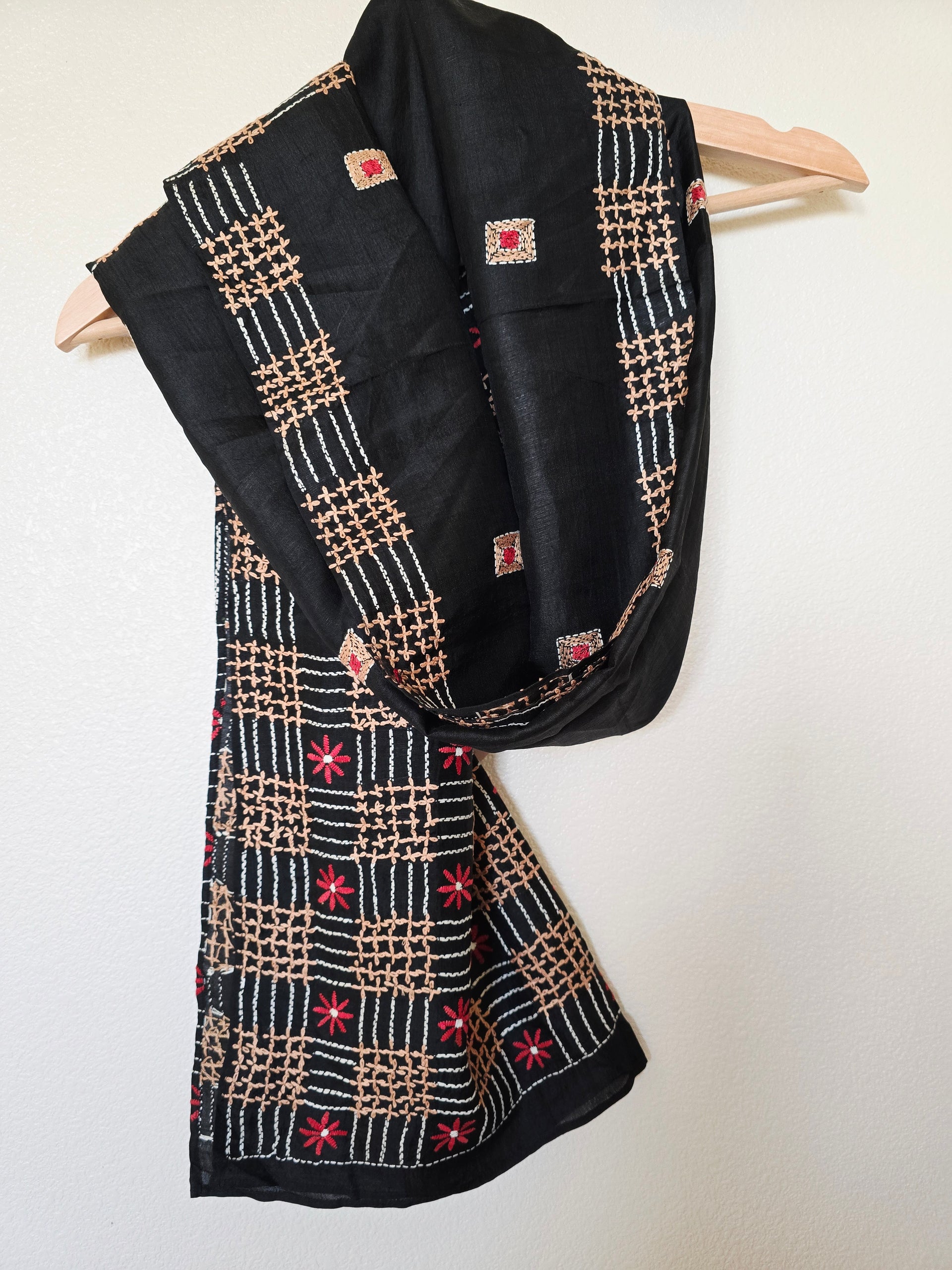 Hand Embroidered Kantha Silk Scarf - Red Geometric Design