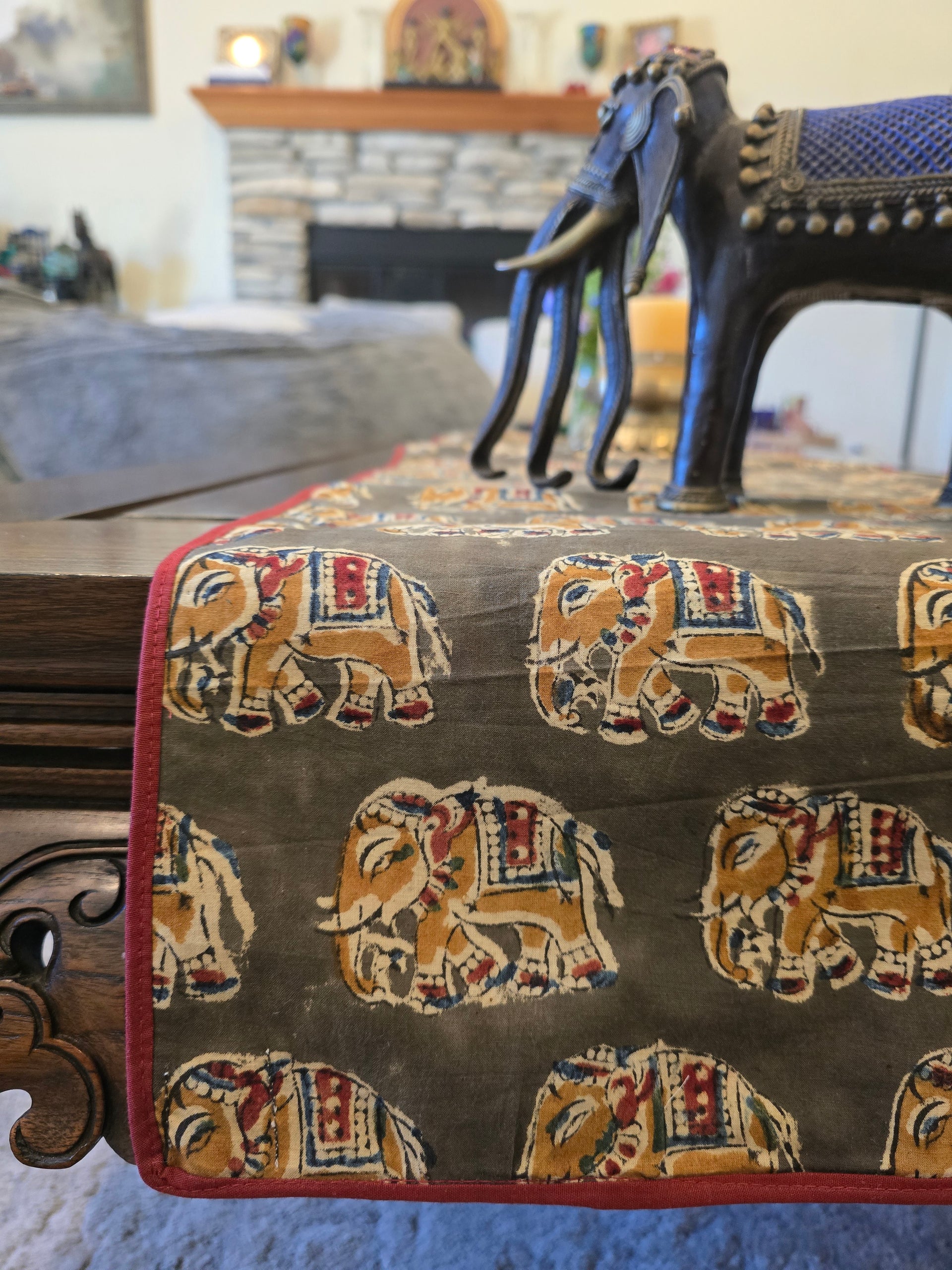 Hand Block Print Table Runner — Elephant, Olive + Burgundy