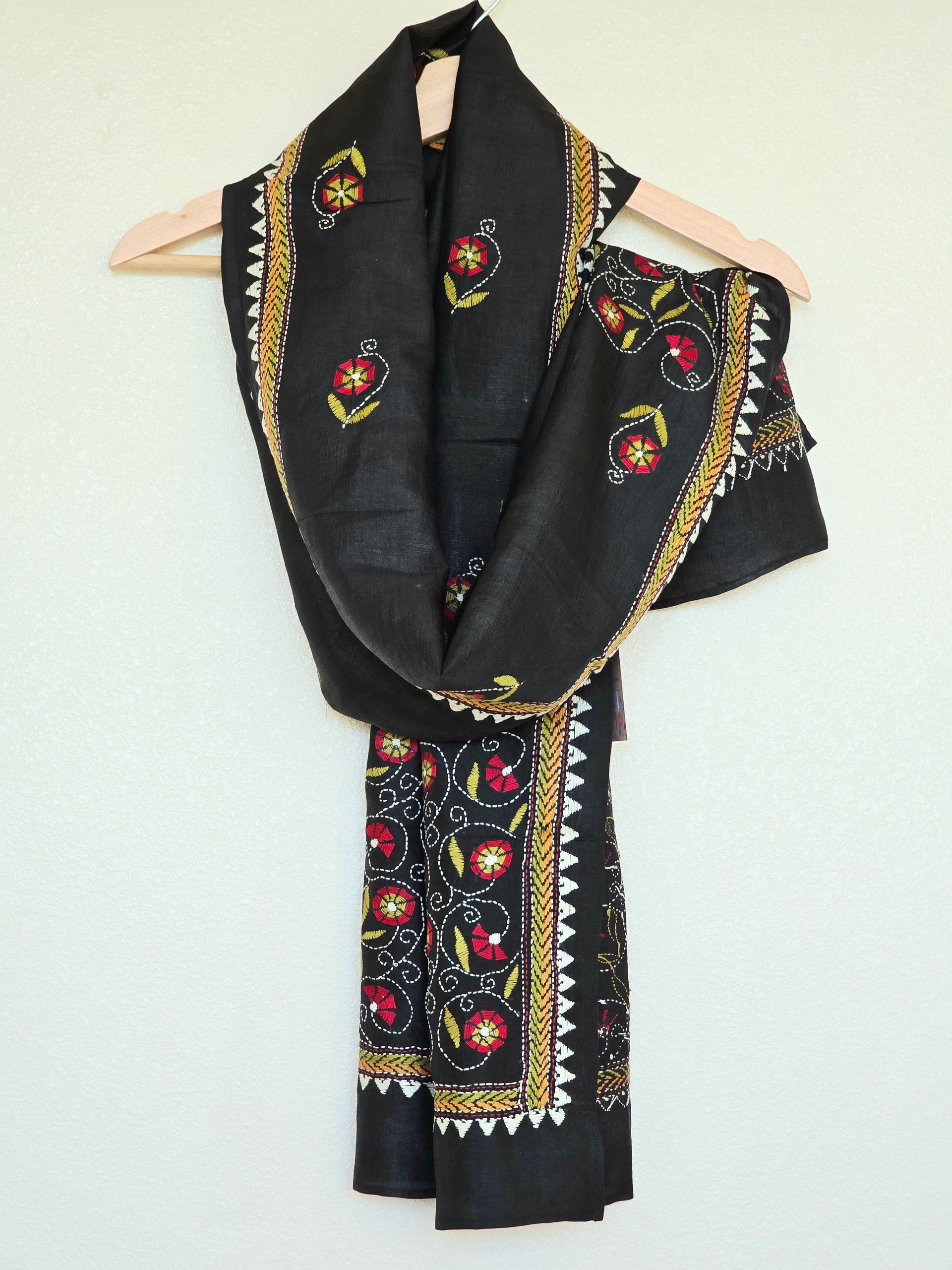 Hand Embroidered Kantha Silk Scarf - Black Floral Design