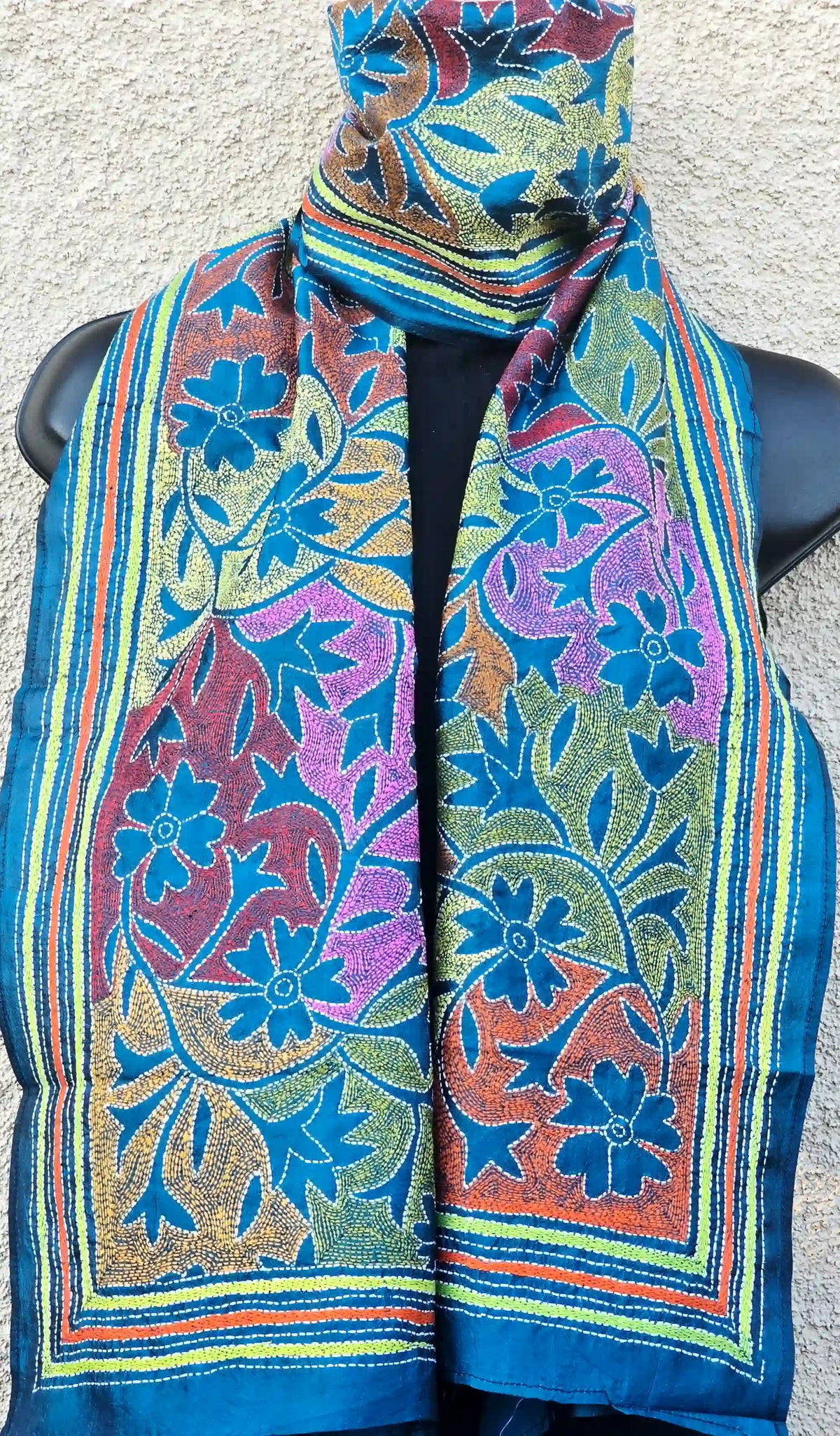 Hand Embroidered Reverse Kantha Silk Scarf - Blue Multicolor - Ohana Earth