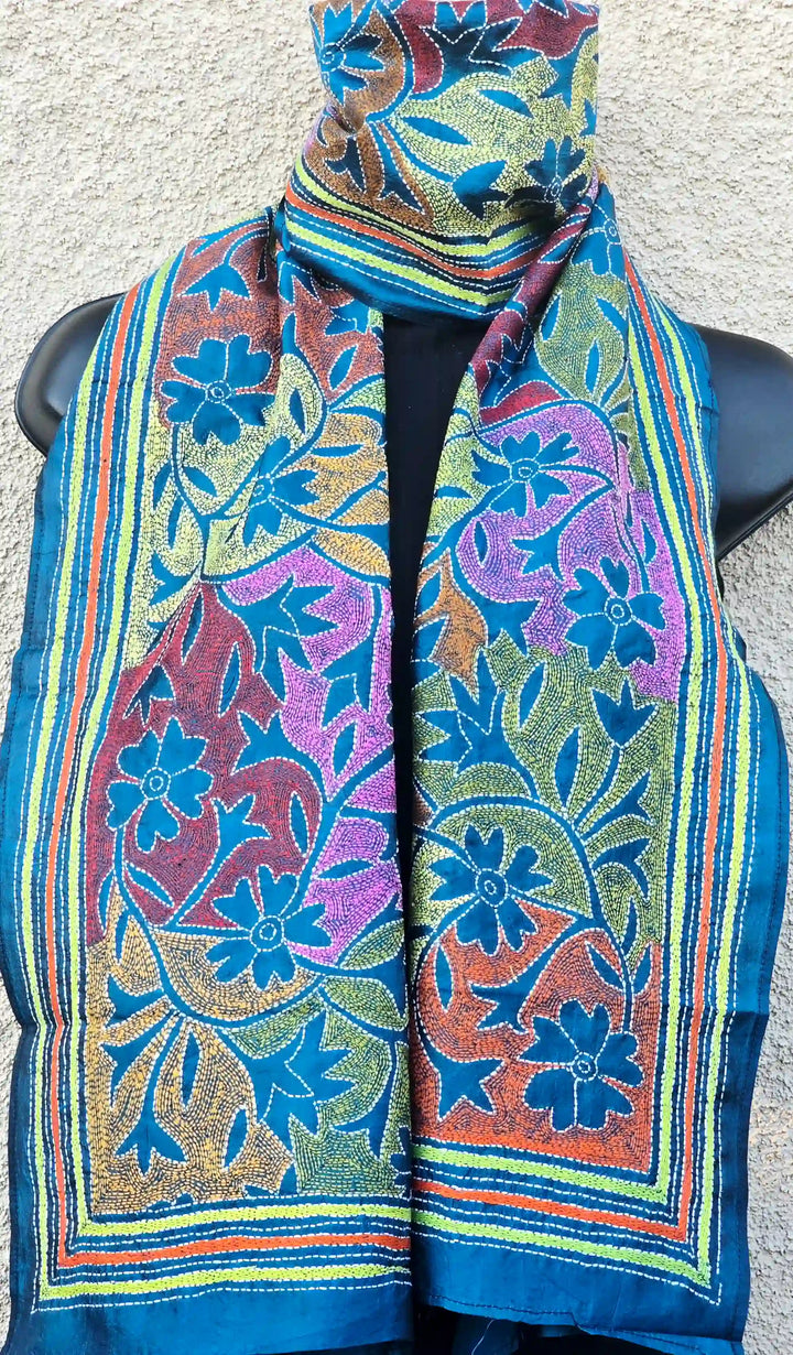 Hand Embroidered Reverse Kantha Silk Scarf - Blue Multicolor - Ohana Earth