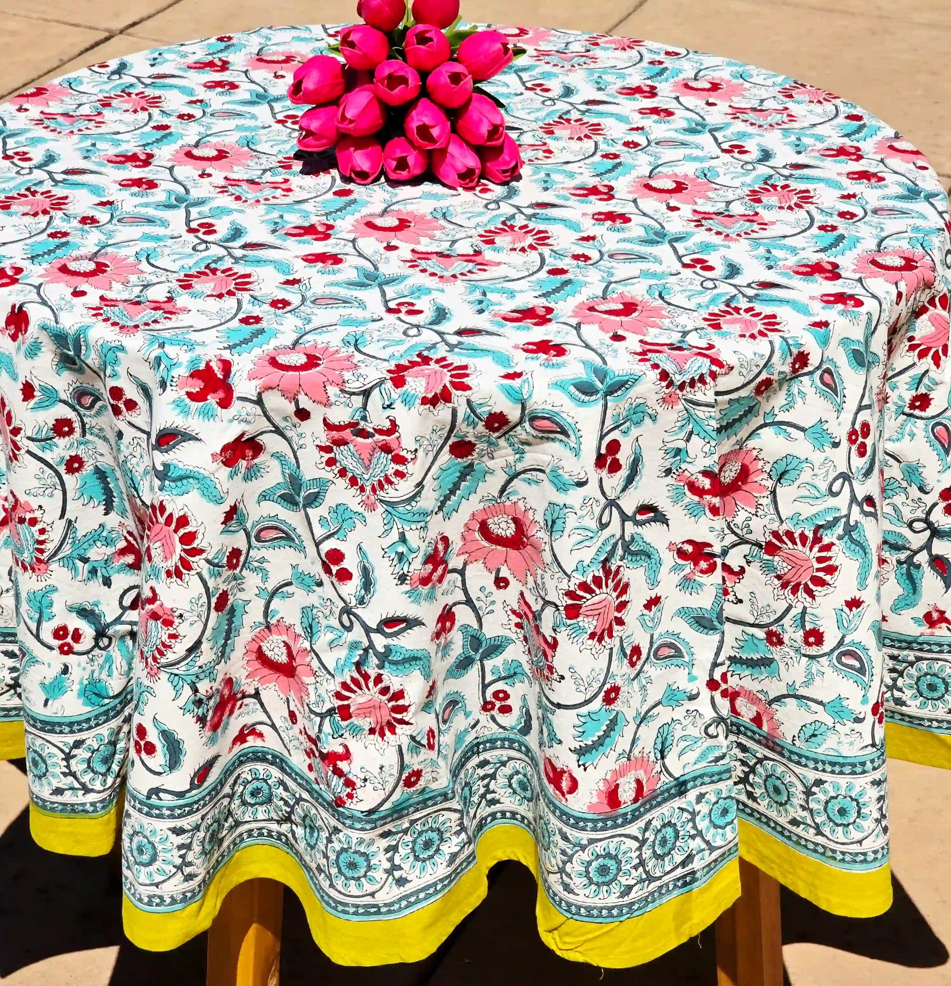 Round Block Print Cotton Tablecloth – White Green Floral Handmade