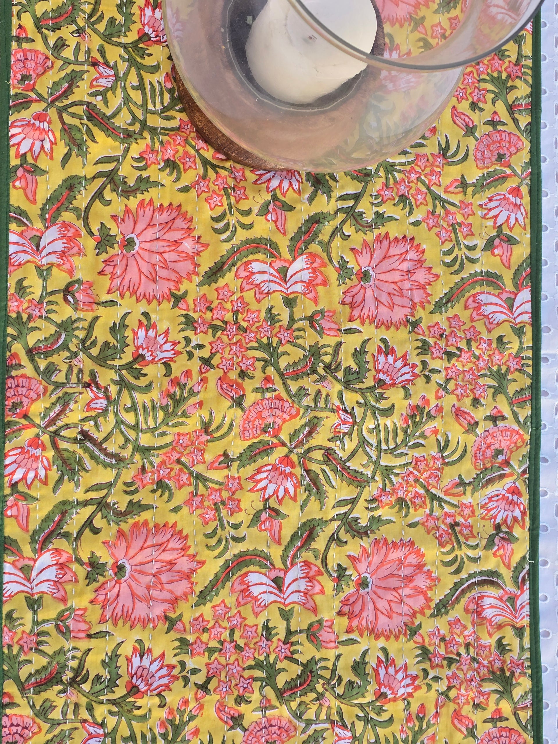 Yellow floral Kantha hand block printed table runner in soft cotton for elegant table styling
