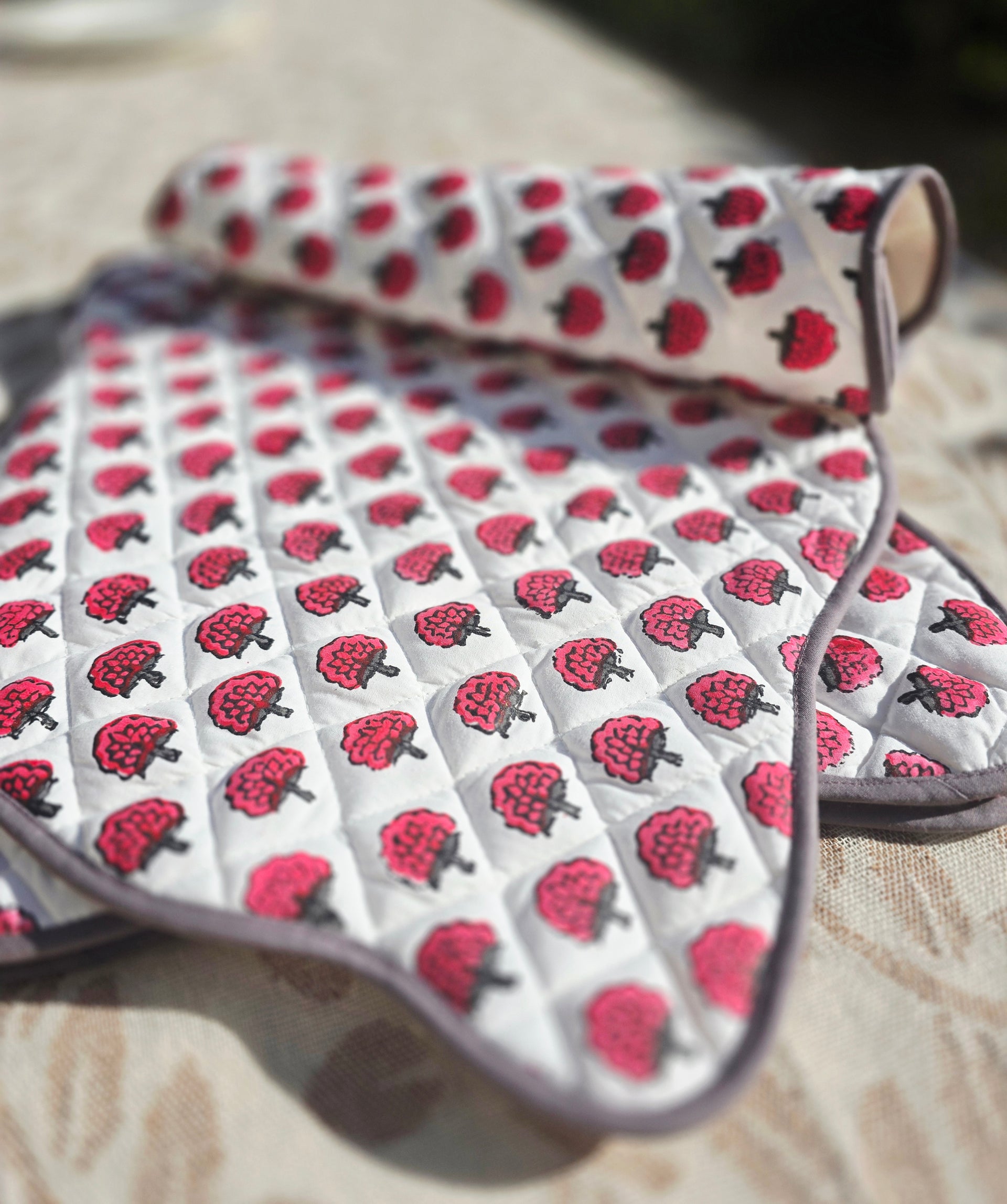 Raspberry Block Print Cotton Quilted Placemat with Scalloped Sides
