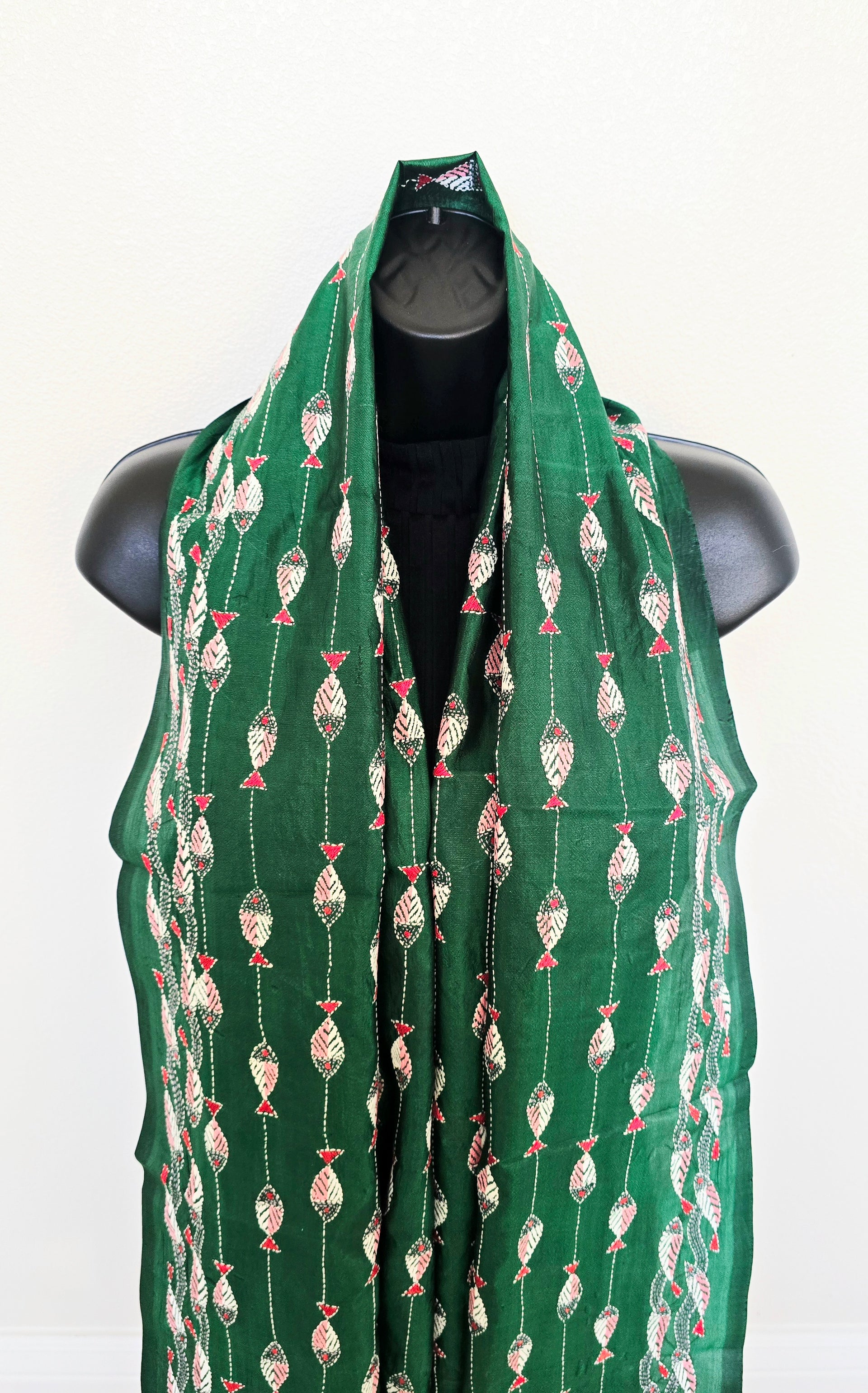 Hand Embroidered Kantha Silk Scarf - Green Fish Heritage Design
