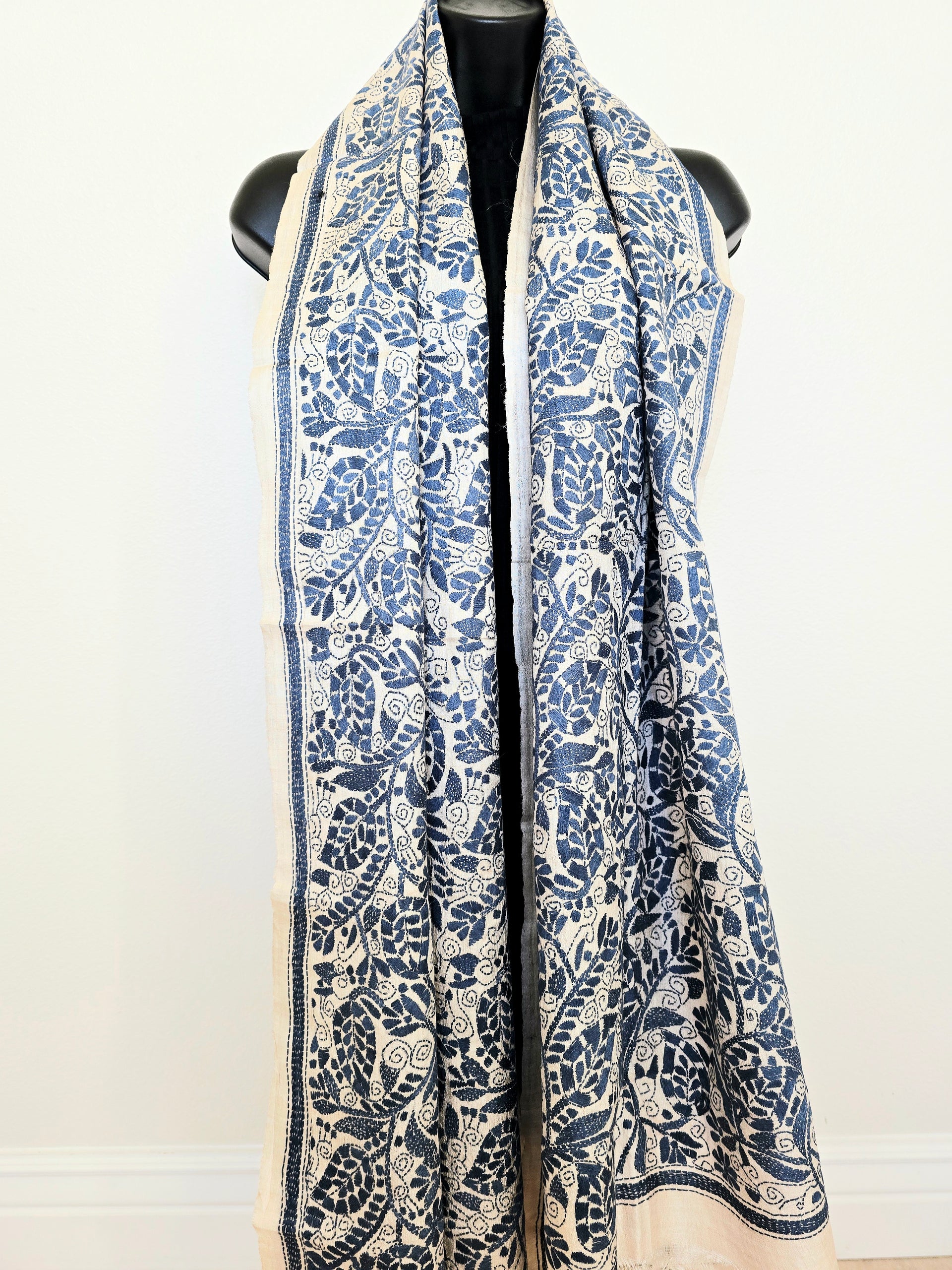 Hand Embroidered Kantha Silk Scarf - Beige and Grey Floral Heritage Design