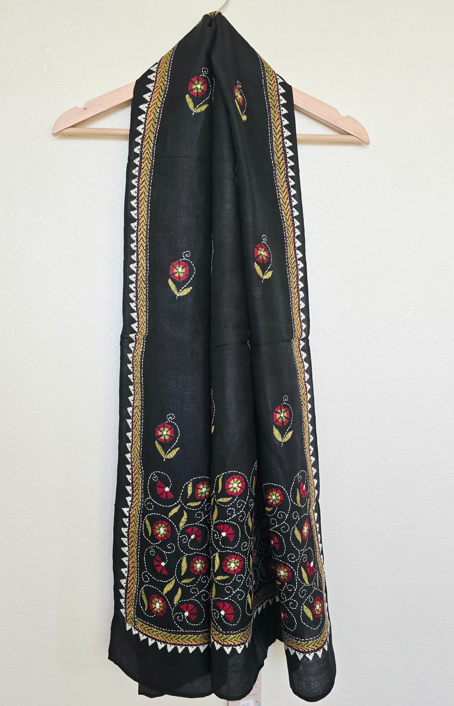 Hand Embroidered Kantha Silk Scarf - Black Floral Design