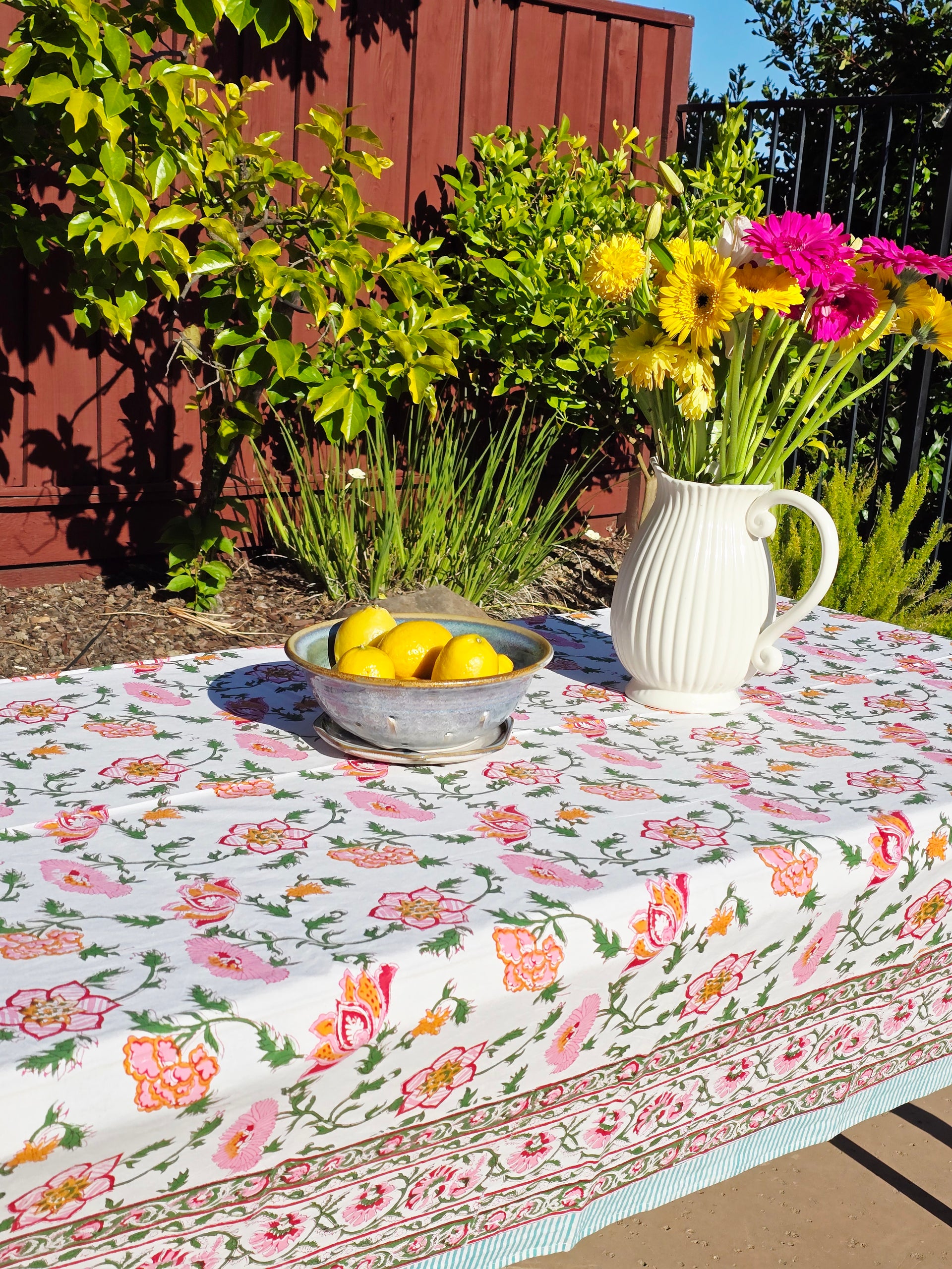 Orange Flower Block Printed Table Cloth