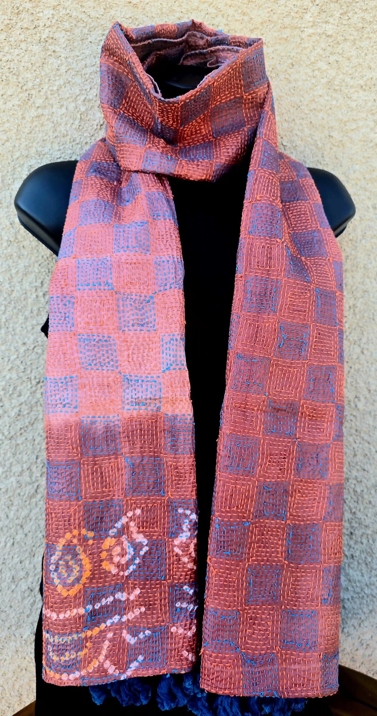 Hand Embroidered Peach Silk Kantha Scarf - Ohana Earth