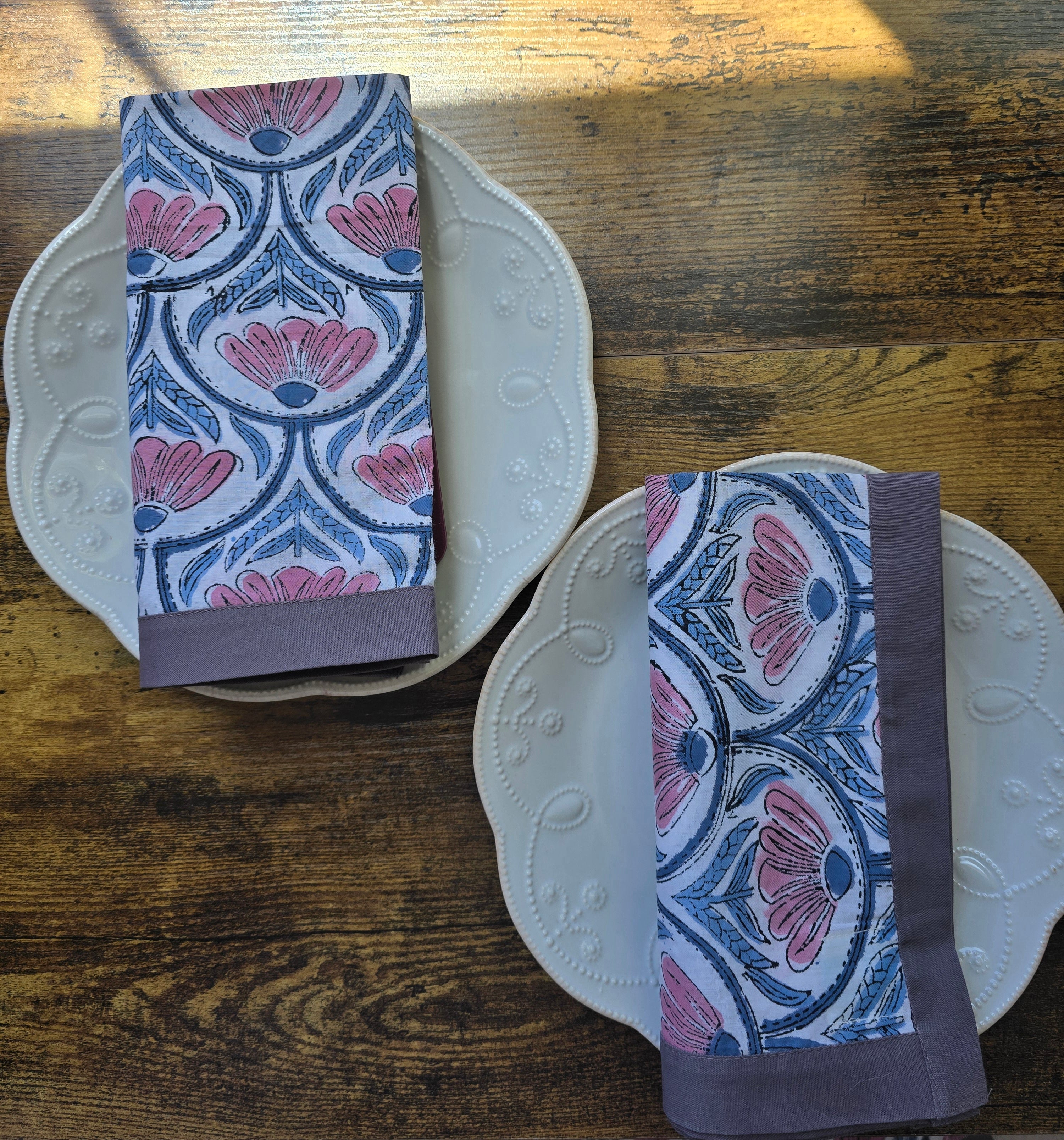 White floral block print cotton napkins