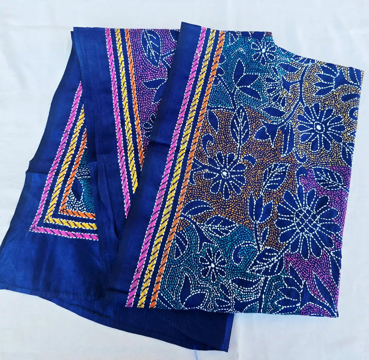 Hand Embroidered Reverse Kantha Silk Scarf - Navy Blue - Ohana Earth