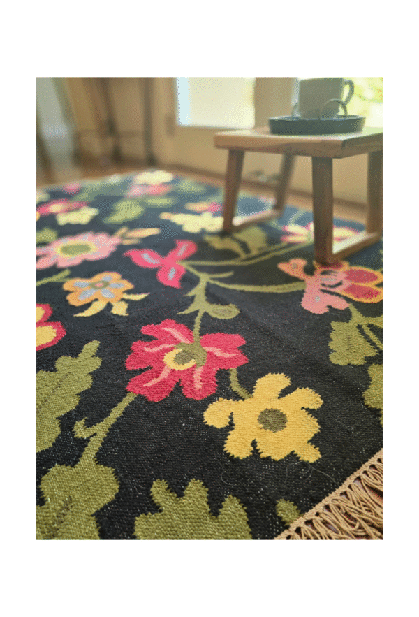 Optimized Product Page: Black & Multicolor Wool-Cotton Flat Weave Rug