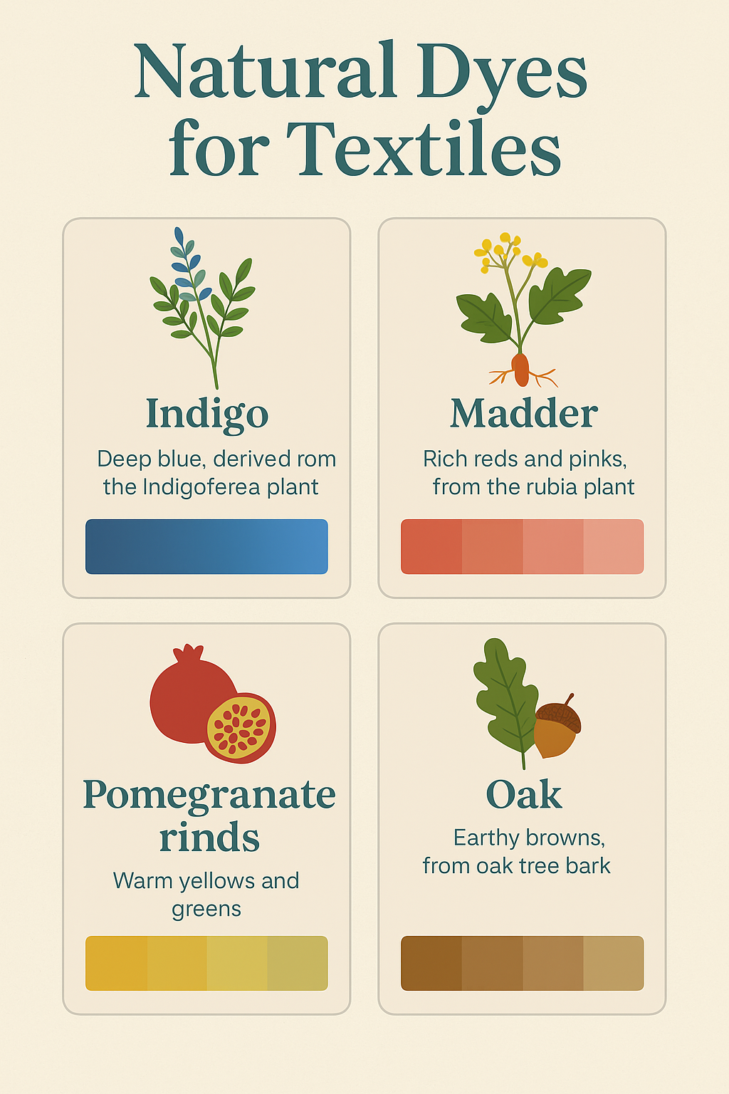 A flat infographic illustrating natural dyes derived from plants—indigo, madder, turmeric, and pomegranate—along with the range of colors they produce such as blues, reds, yellows, and greens.