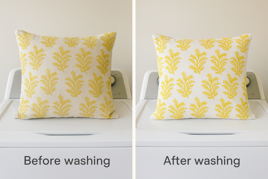 Before and after images of a natural cotton cushion cover showing brighter color and texture after hand washing.