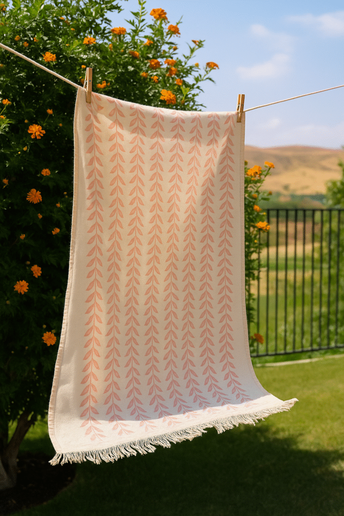 A block-printed throw drying on a shaded clothesline with sunlight filtering through leaves.